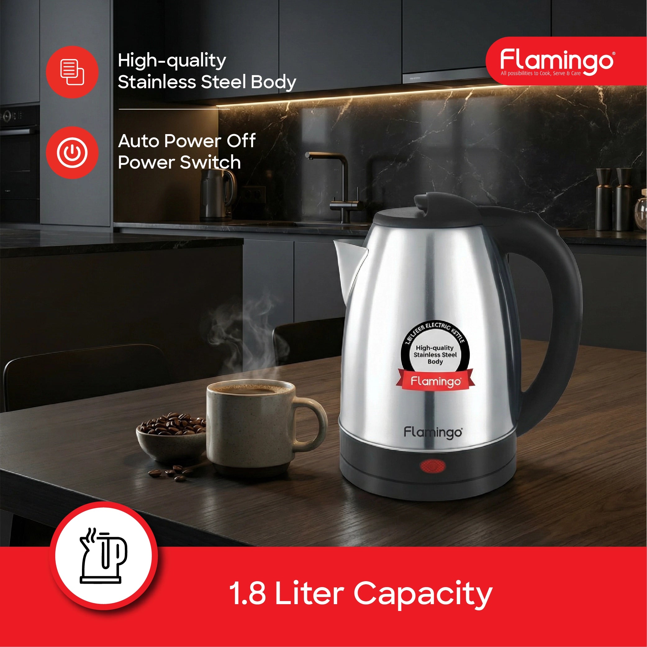 Electric Kettle 1.8L Stainless Steel 1500W Auto Shut Off sanford 3
