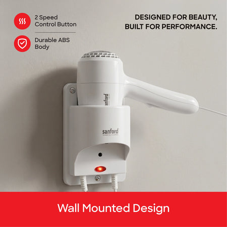 Sanford SF9698HD Wall-Mounted Hair Dryer – wall-mounted design and 2-speed control feature callout
