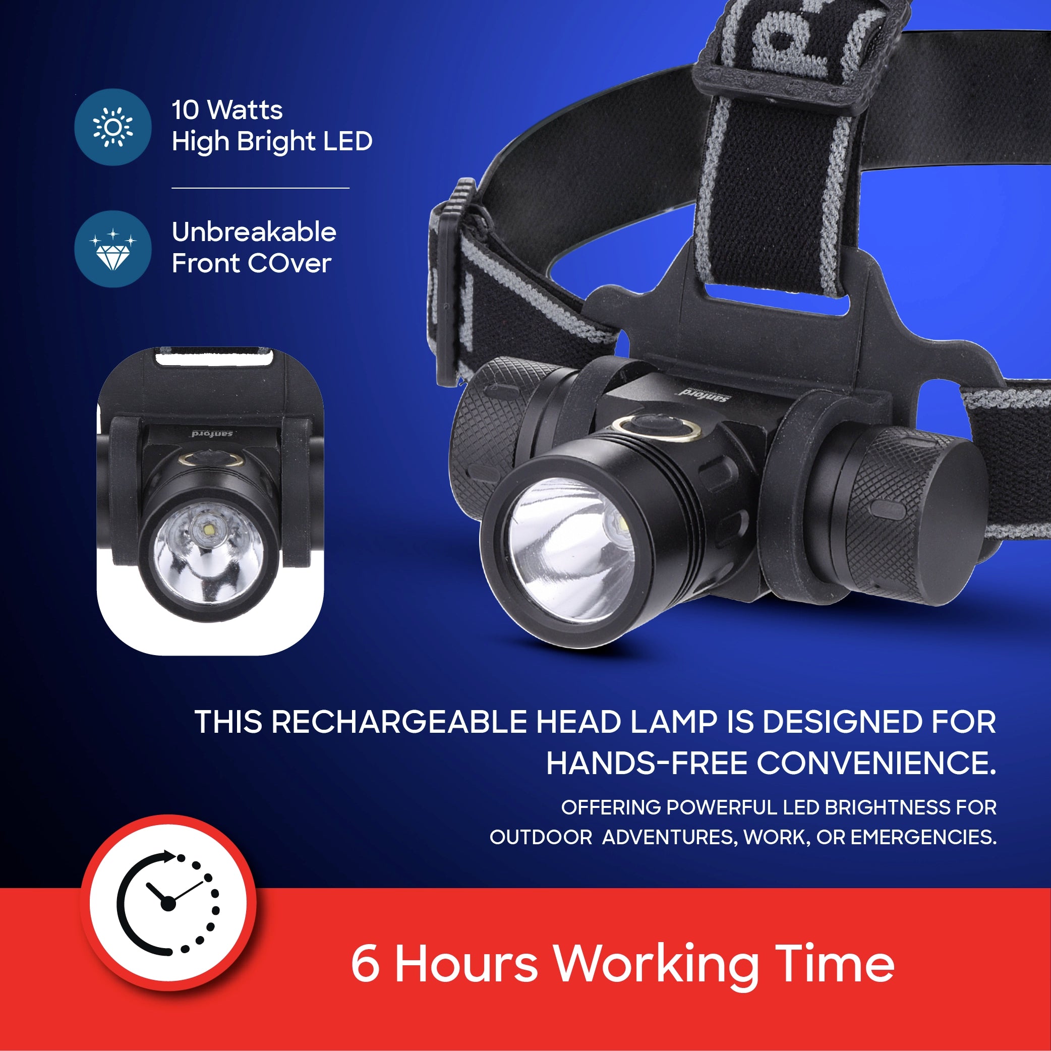 outdoor LED headlamp rechargeable battery waterproof sanford 3