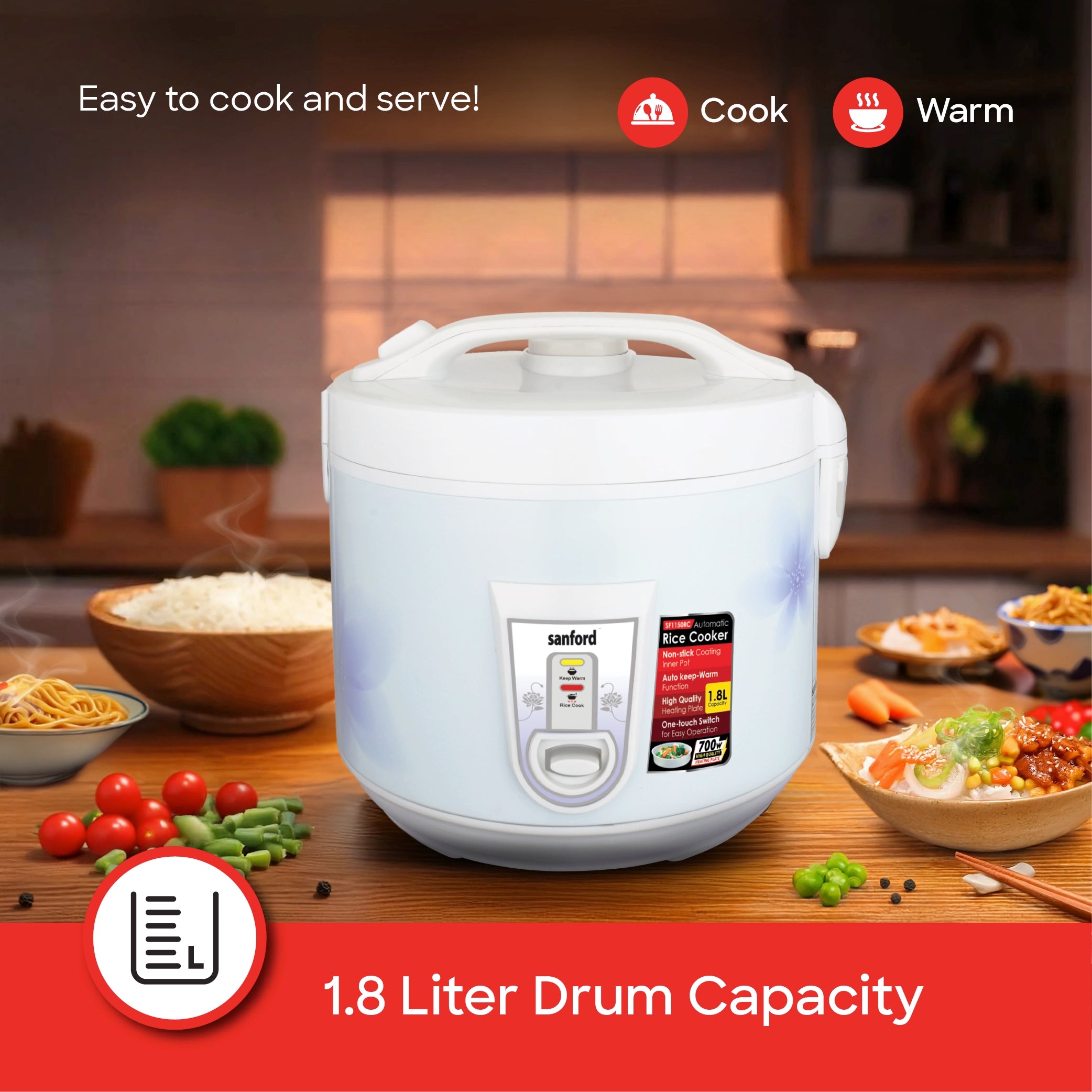 Automatic rice cooker 1.8L capacity & Keep Warm Function sanford 4