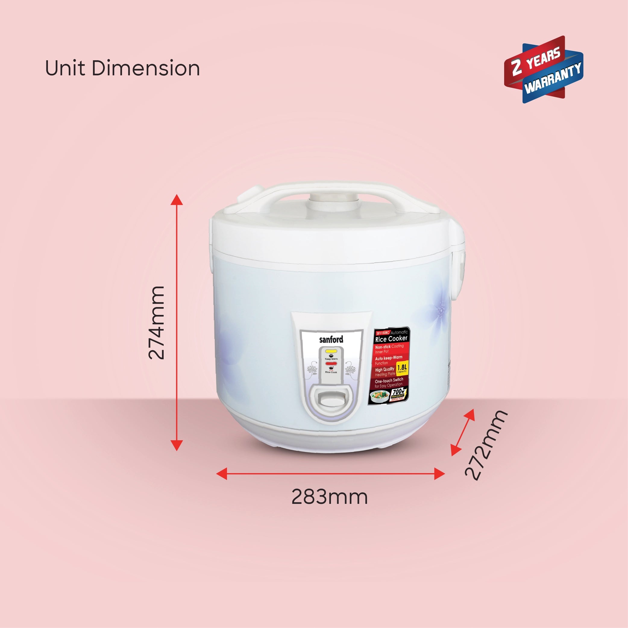 Automatic rice cooker 1.8L capacity & Keep Warm Function sanford 8