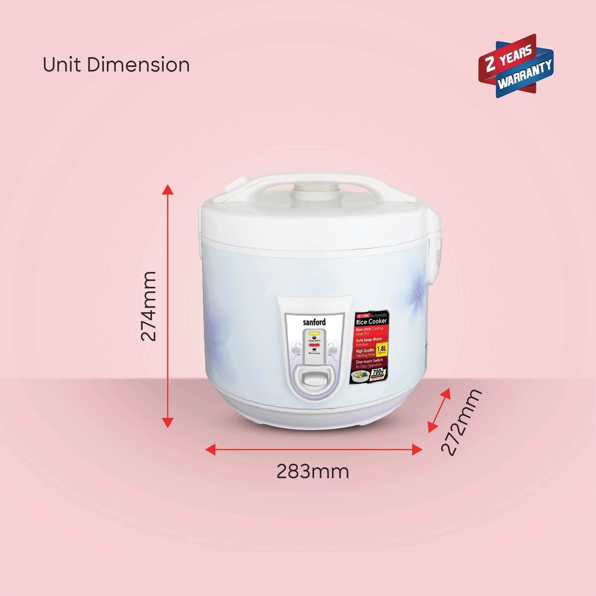 Sanford SF1150RC 1.8L Rice Cooker – unit dimensions and measurements