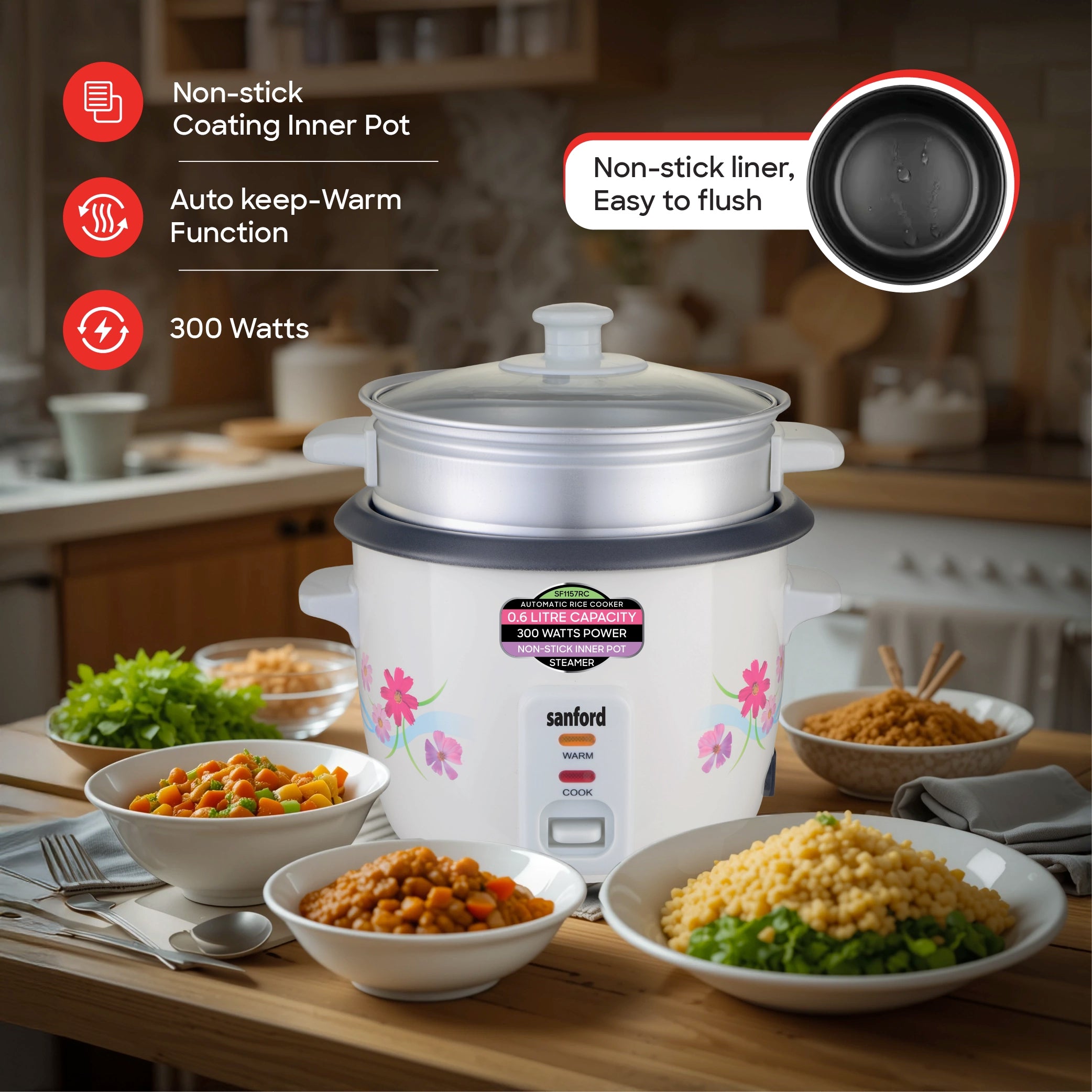 Automatic rice cooker 0.6L capacity with non stick pot sanford 3