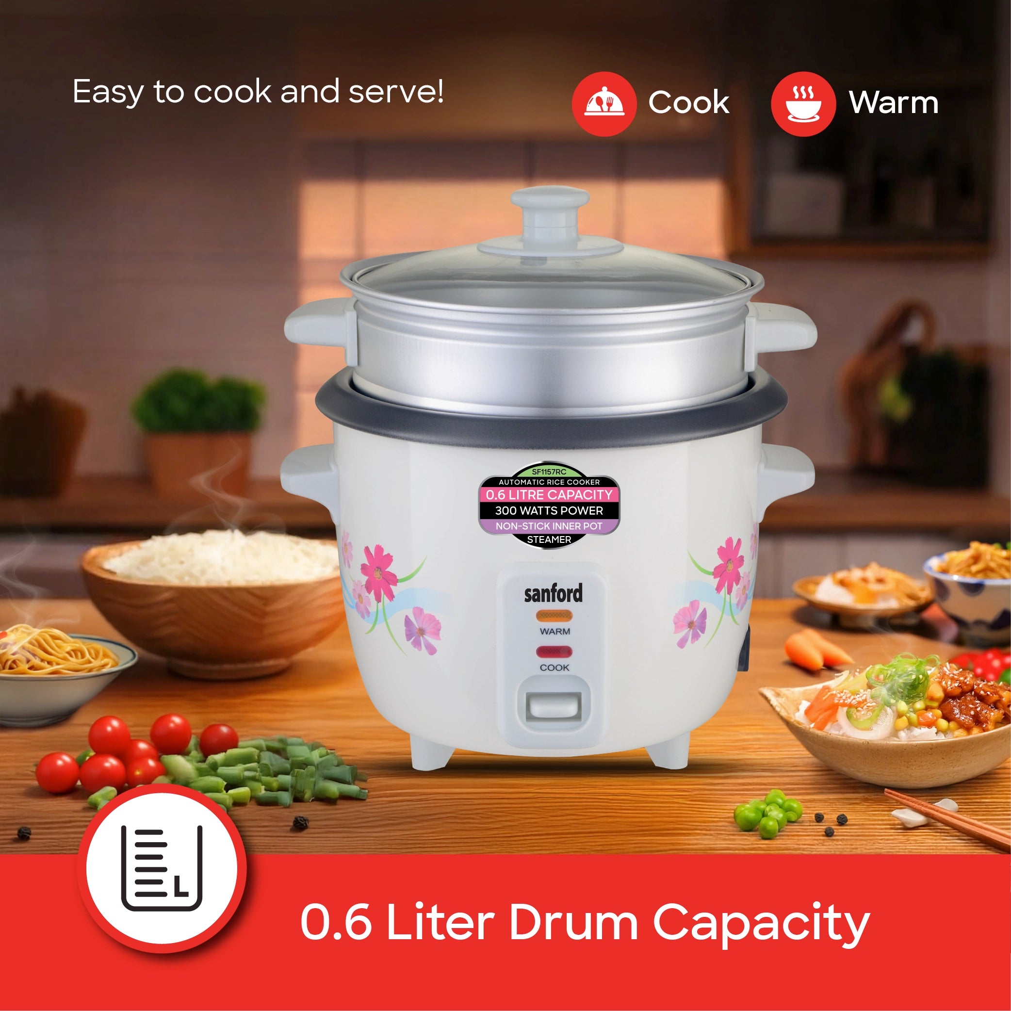 Automatic rice cooker 0.6L capacity with non stick pot sanford 4