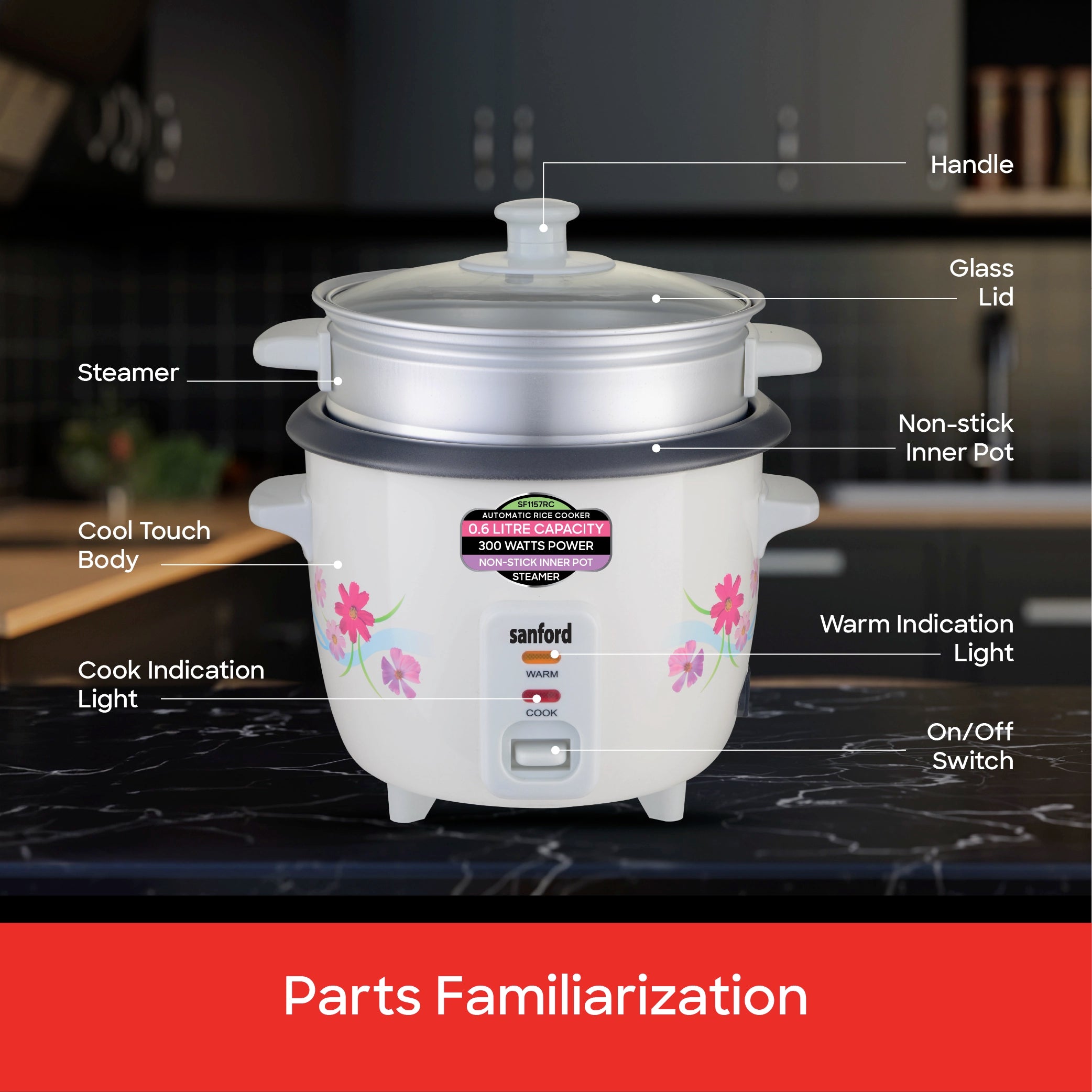 Automatic rice cooker 0.6L capacity with non stick pot sanford 7