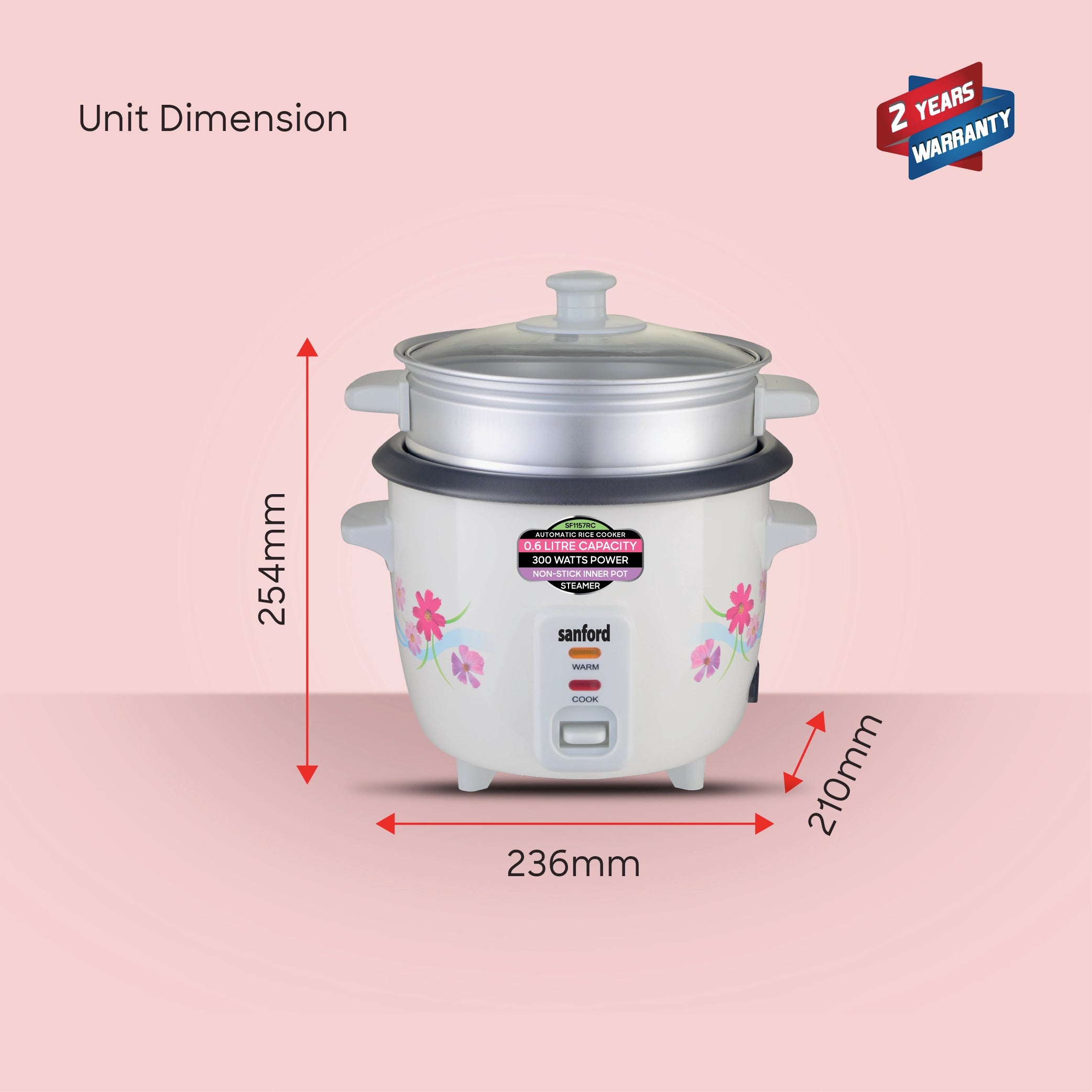 Automatic rice cooker 0.6L capacity with non stick pot sanford 8