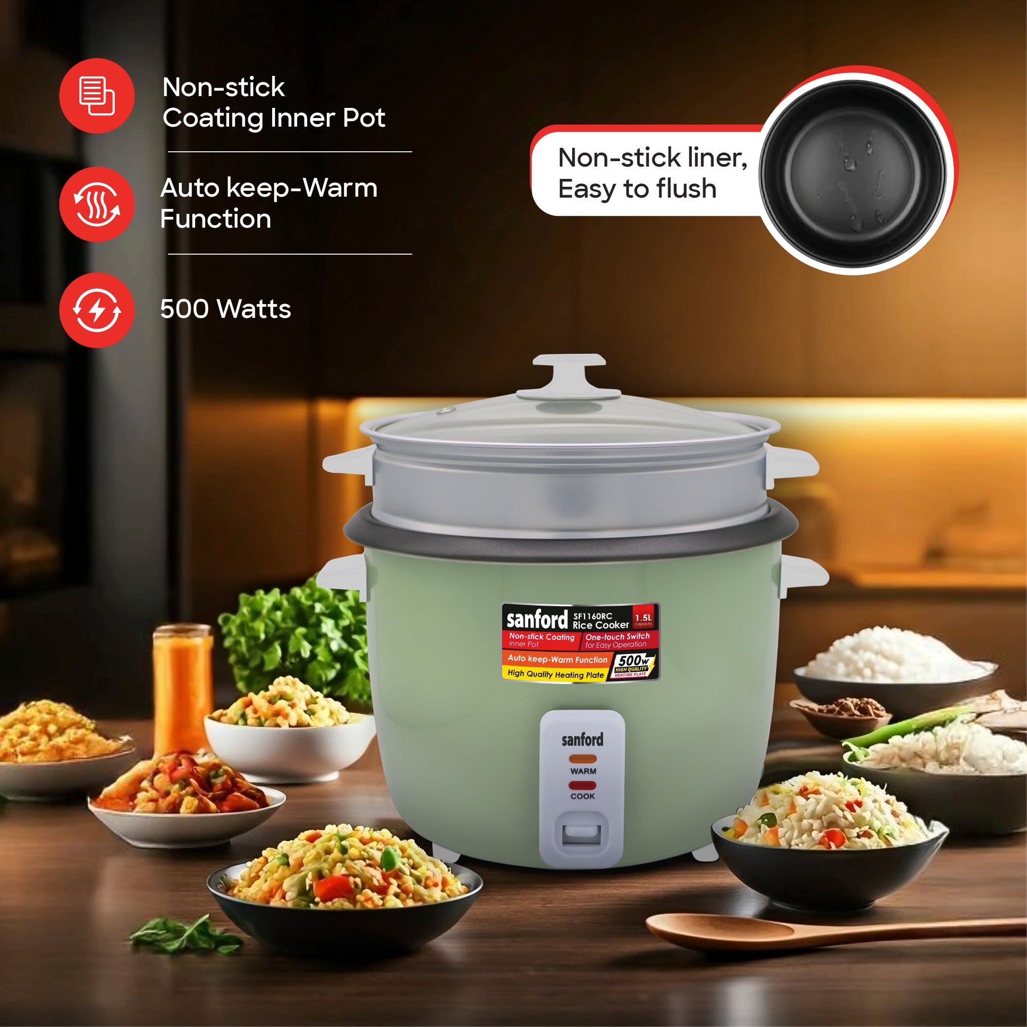 Automatic rice cooker 1.5L capacity with non stick pot sanford 3