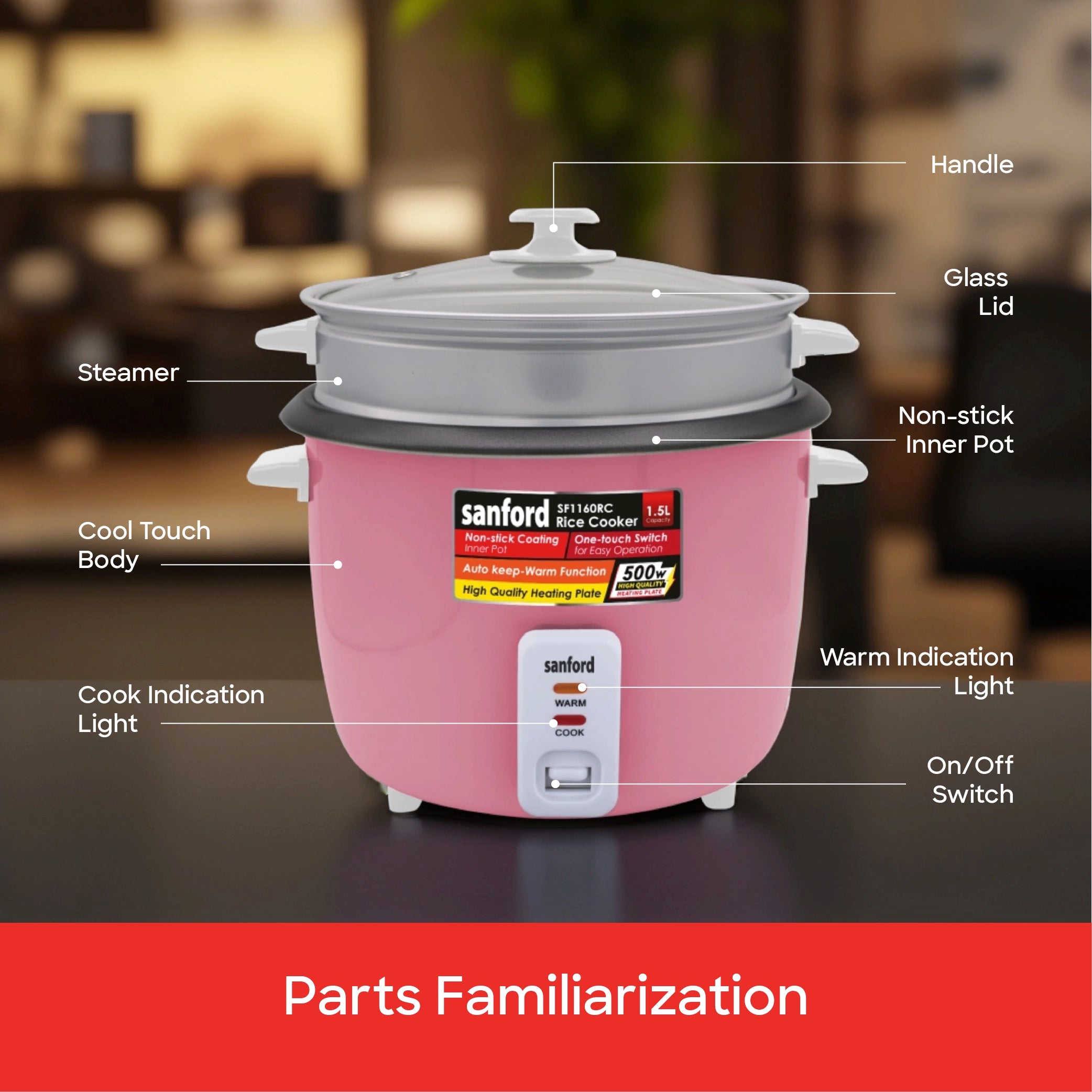 Automatic rice cooker 1.5L capacity with non stick pot sanford 8
