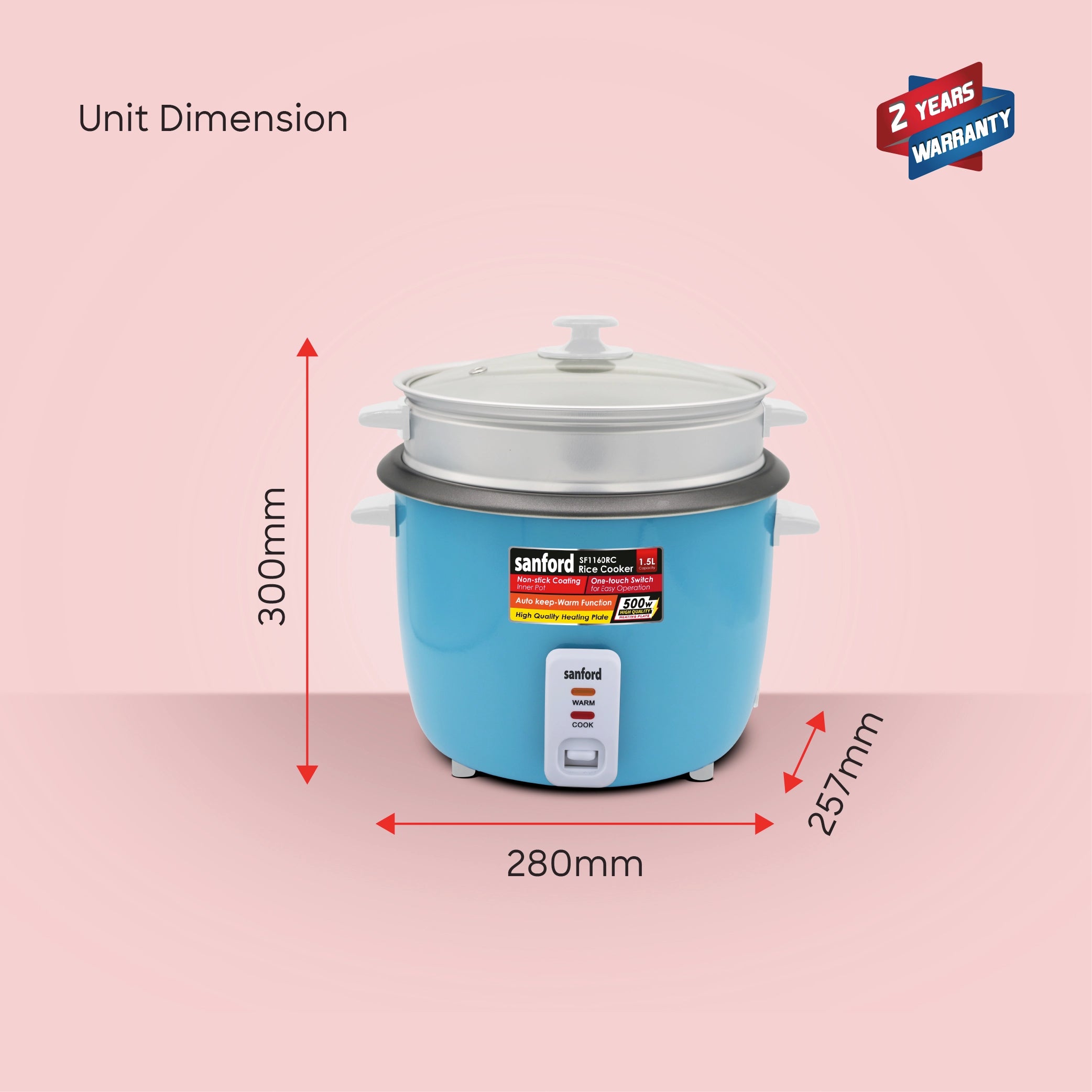 Automatic rice cooker 1.5L capacity with non stick pot sanford 9