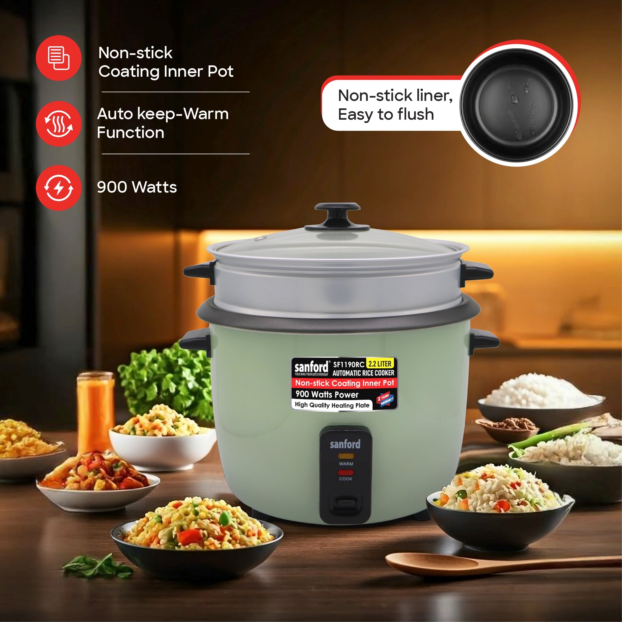 Automatic rice cooker 2.2L capacity & Keep Warm Function 900W sanford 3