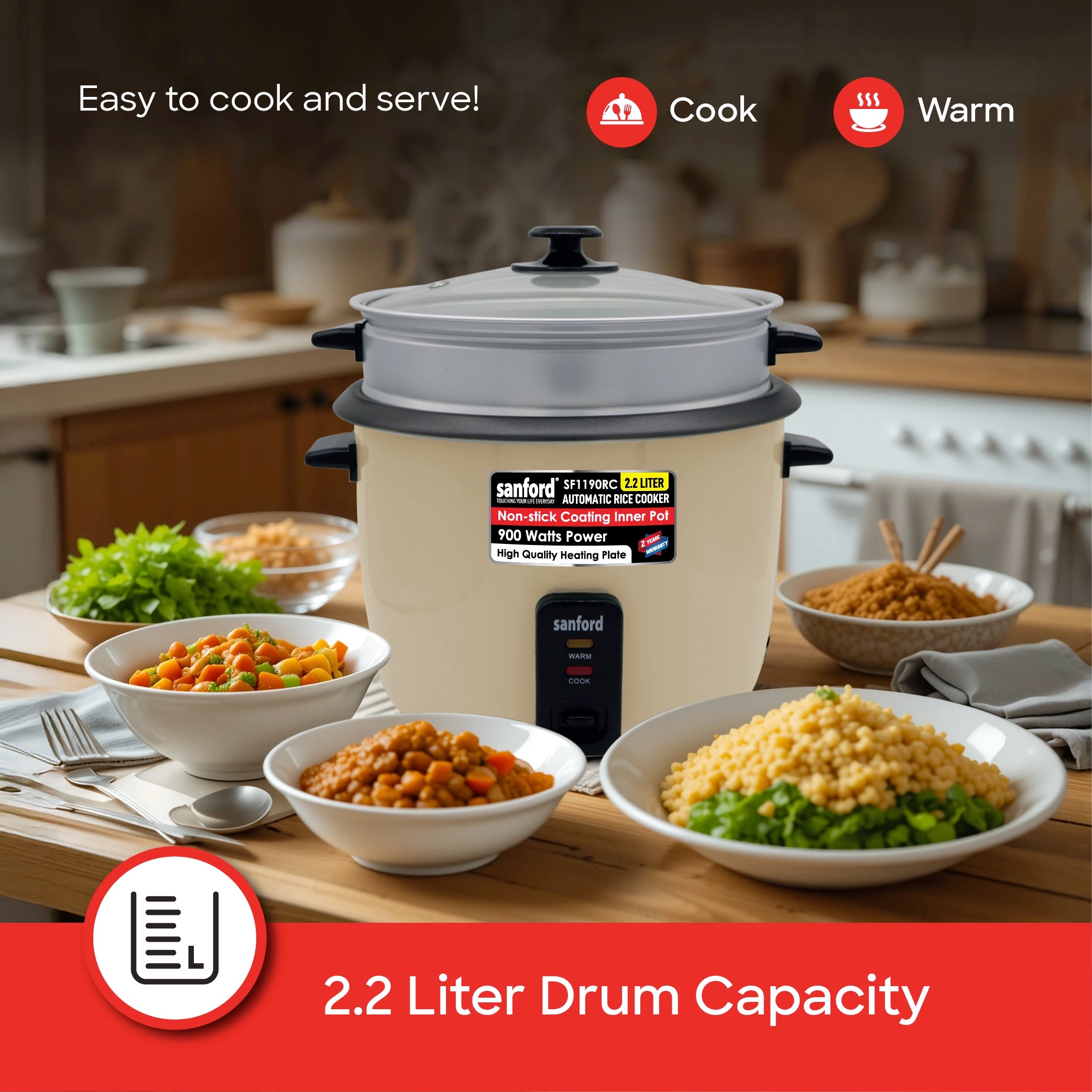 Automatic rice cooker 2.2L capacity & Keep Warm Function 900W sanford 4