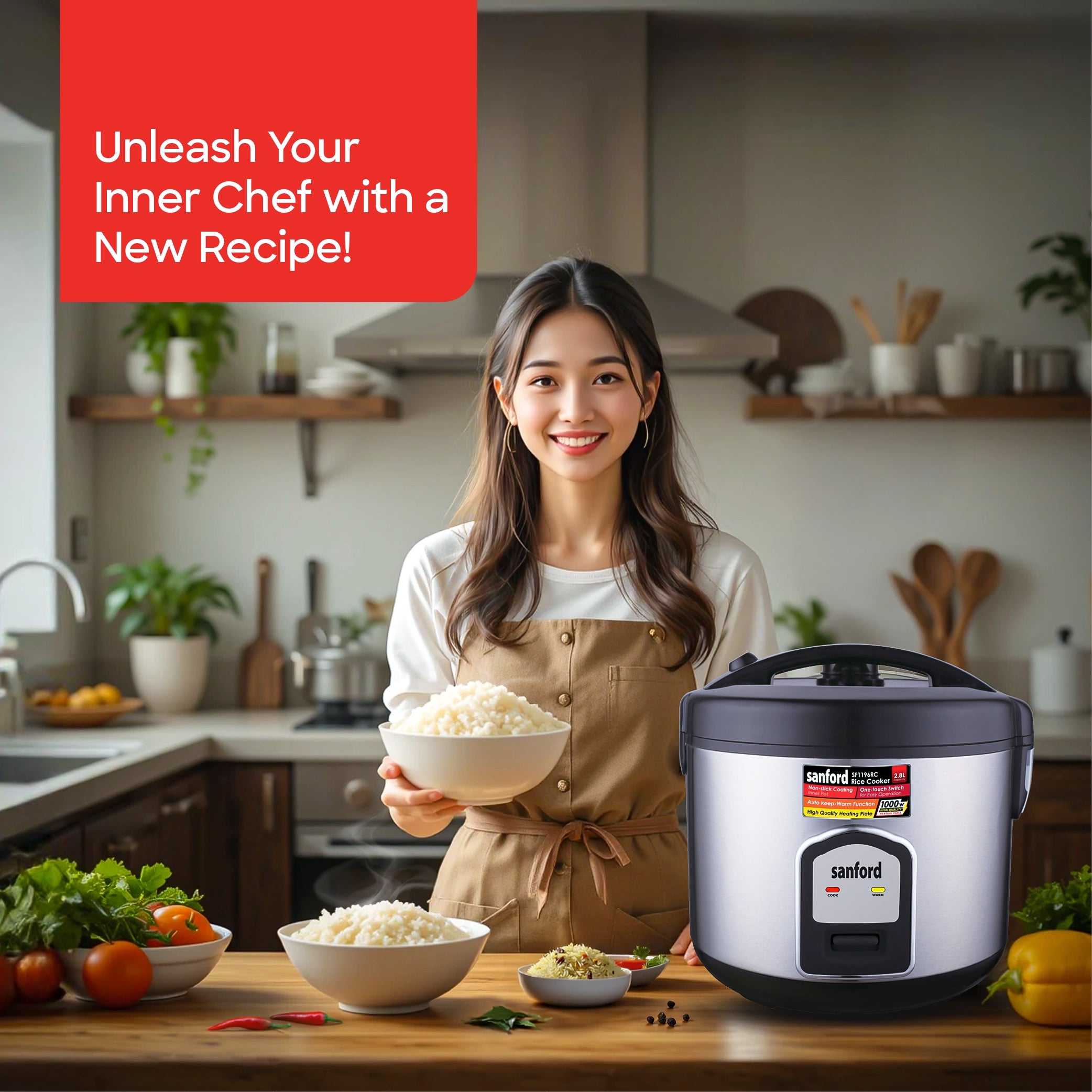 2.8L rice cooker 1000W with non stick inner pot & steamer sanford 2