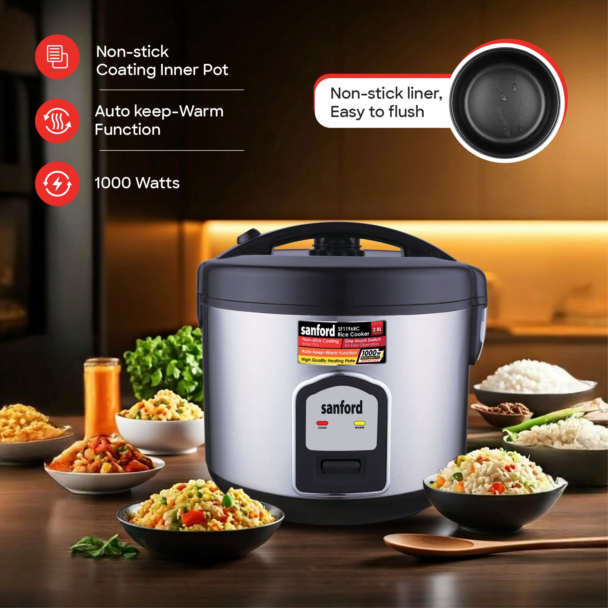 2.8L rice cooker 1000W with non stick inner pot & steamer sanford 3