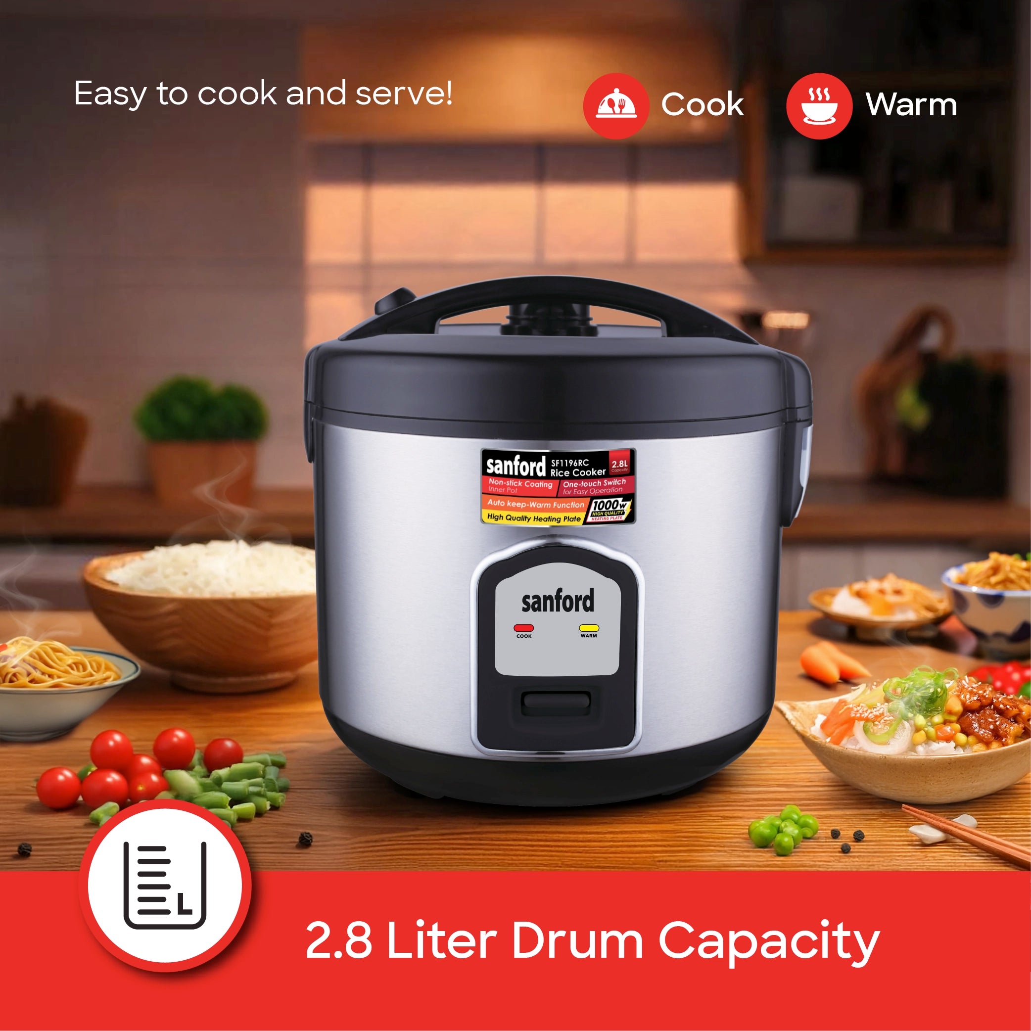 2.8L rice cooker 1000W with non stick inner pot & steamer sanford 4