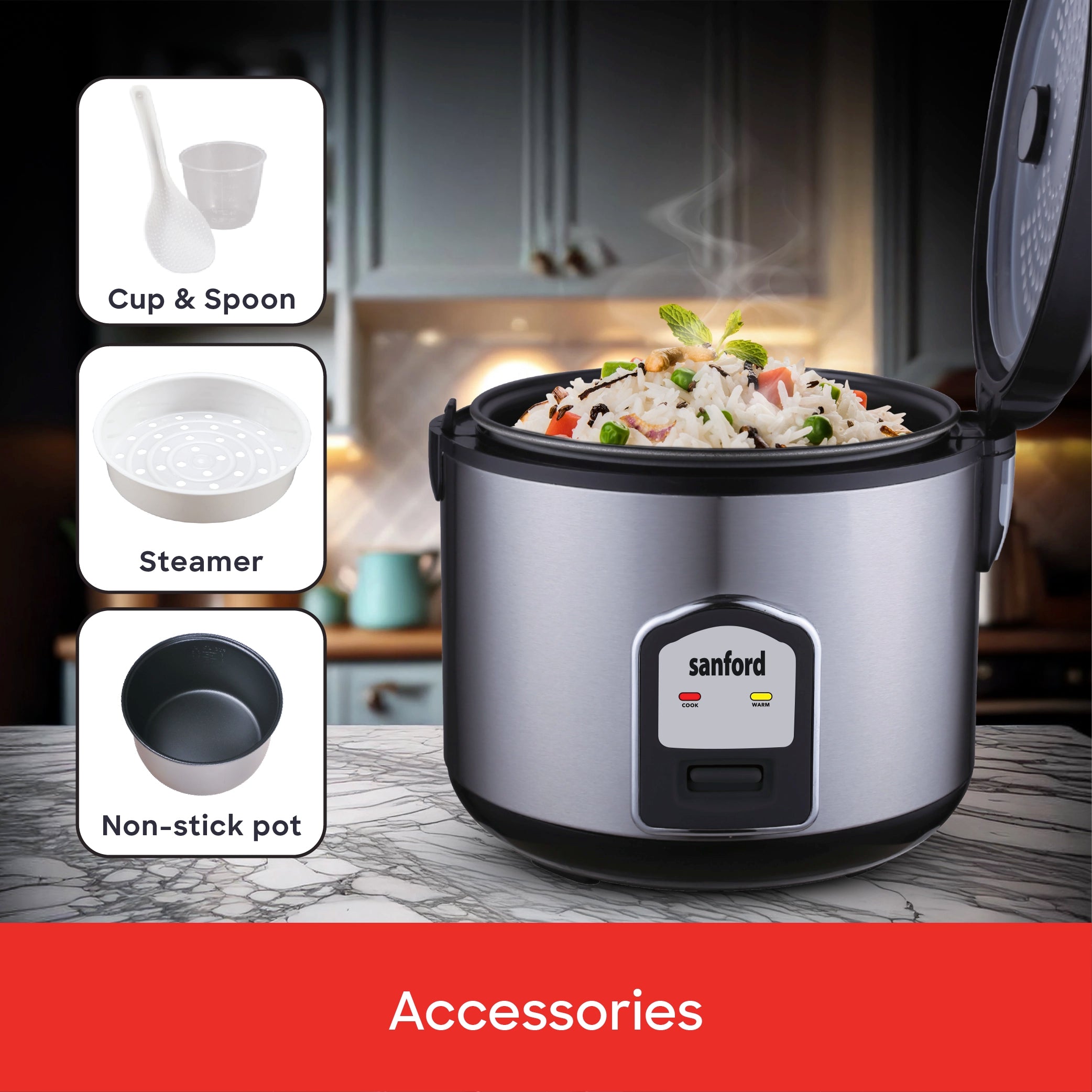 2.8L rice cooker 1000W with non stick inner pot & steamer sanford 6