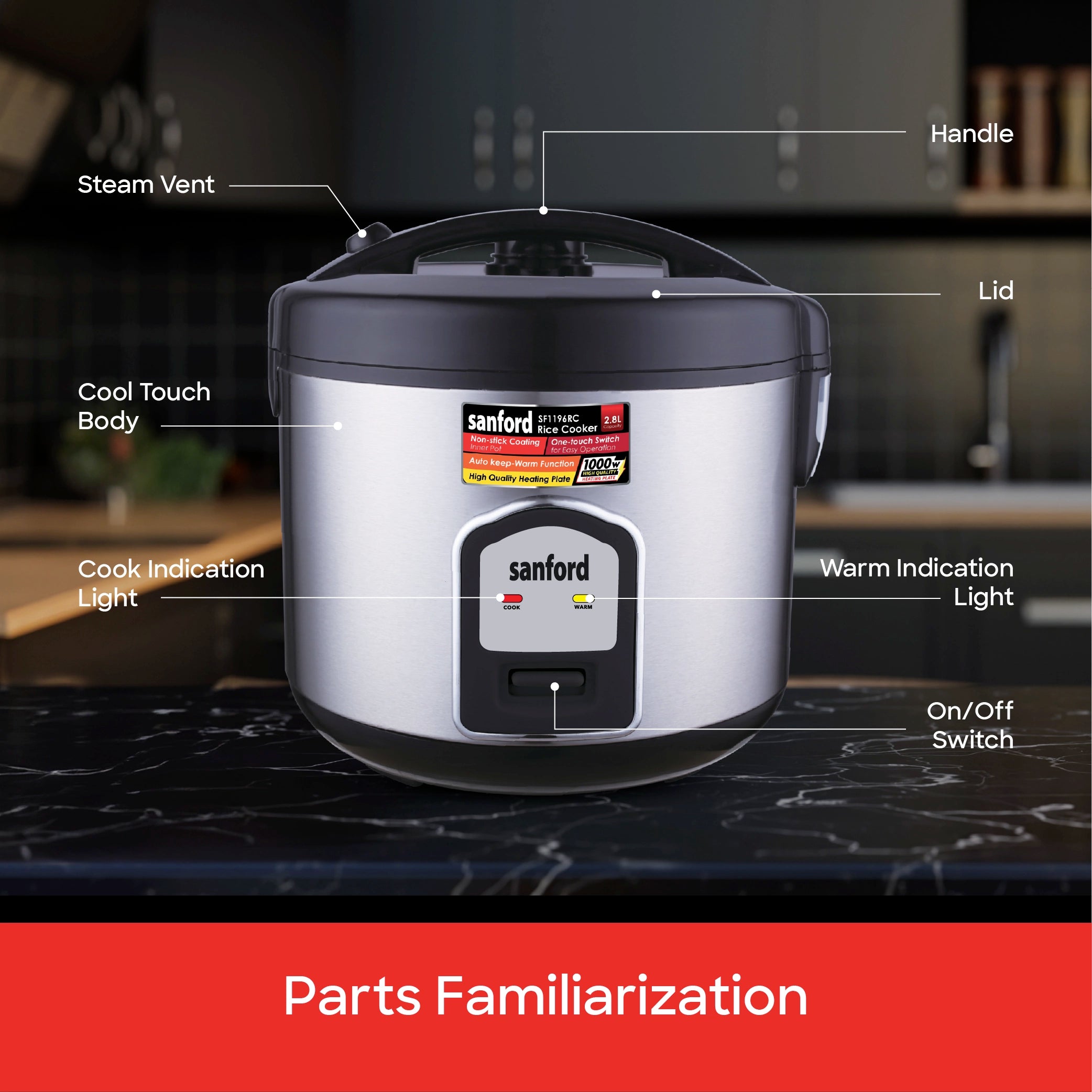 2.8L rice cooker 1000W with non stick inner pot & steamer sanford 7