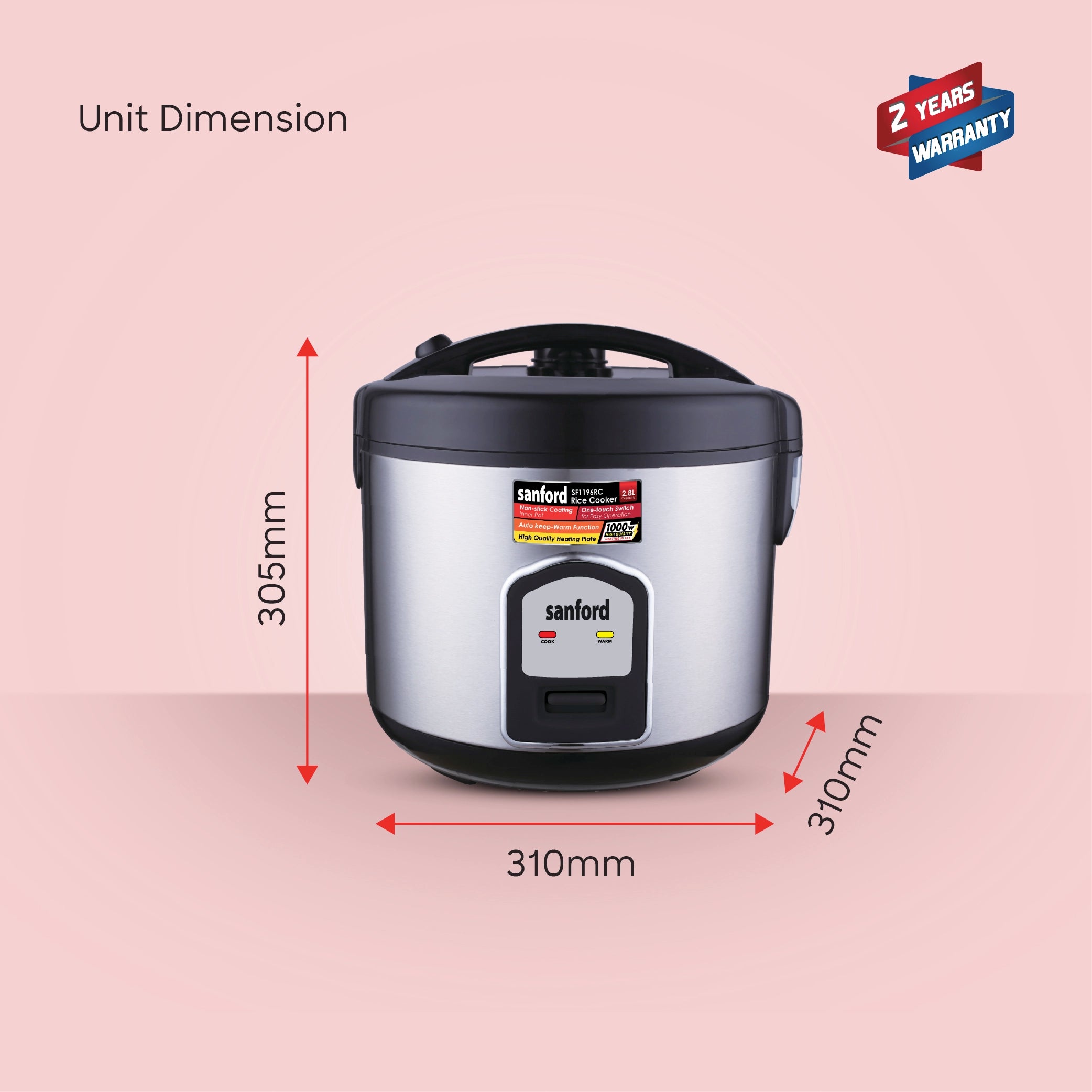 2.8L rice cooker 1000W with non stick inner pot & steamer sanford 8