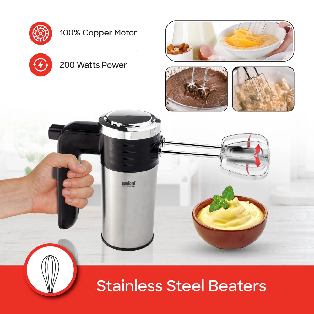 200W Hand mixer Turbo Speed Stainless Steel Body Durable Build sanford 5