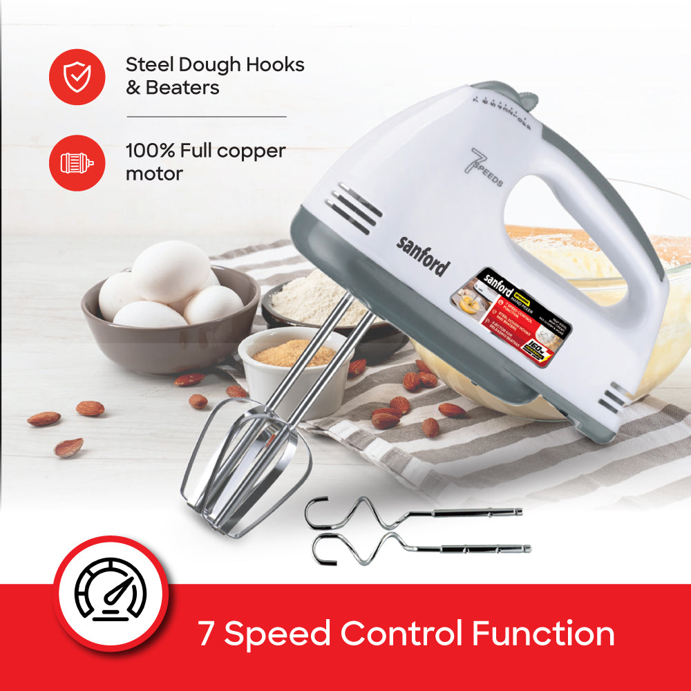Sanford Hand Mixer 160W 7-Speed Copper Motor Steel Beaters Compact Design - SF1340HM
