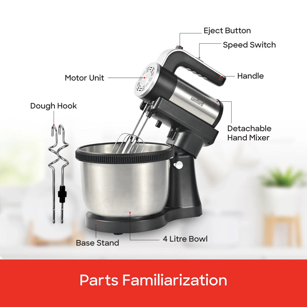 2 in 1 stand mixer detachable hand mixer 5 speed control 4L bowl and 400W sanford 6