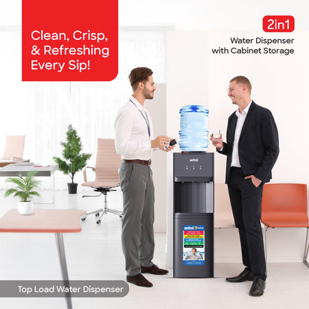 Top load water dispenser with 3 taps hot normal cold cabinet storage sanford 2