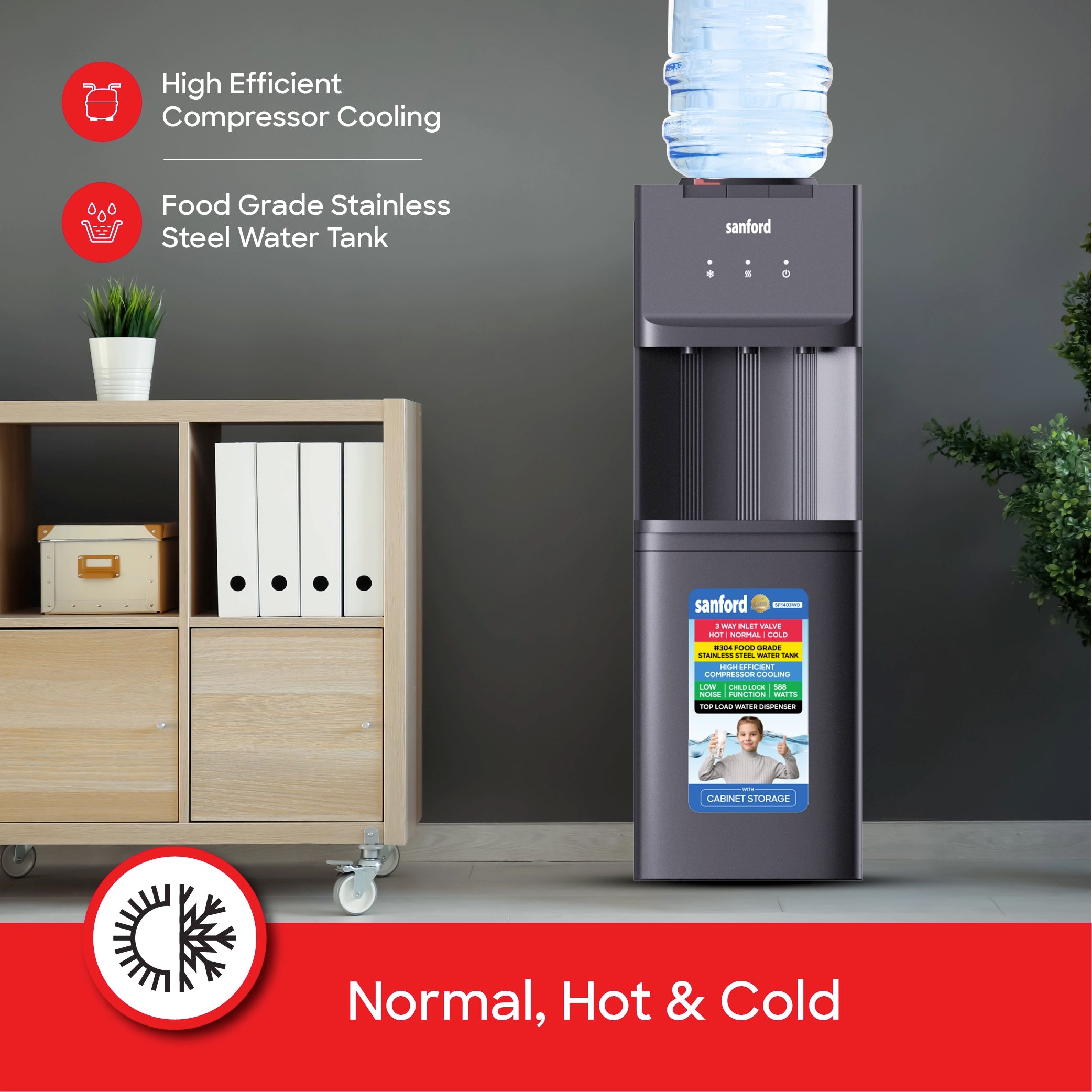Top load water dispenser with 3 taps hot normal cold cabinet storage sanford 3