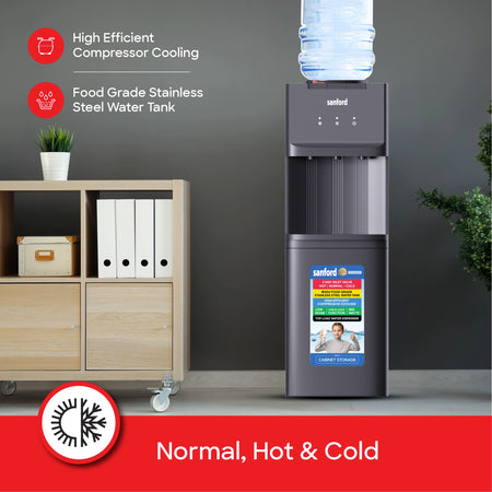 Top load water dispenser with 3 taps hot normal cold cabinet storage sanford 3