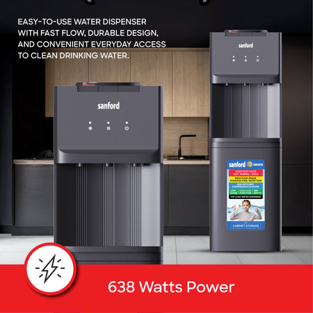 Top load water dispenser with 3 taps hot normal cold cabinet storage sanford 4