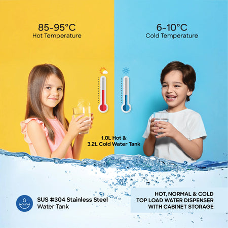 Top load water dispenser with 3 taps hot normal cold cabinet storage sanford 5