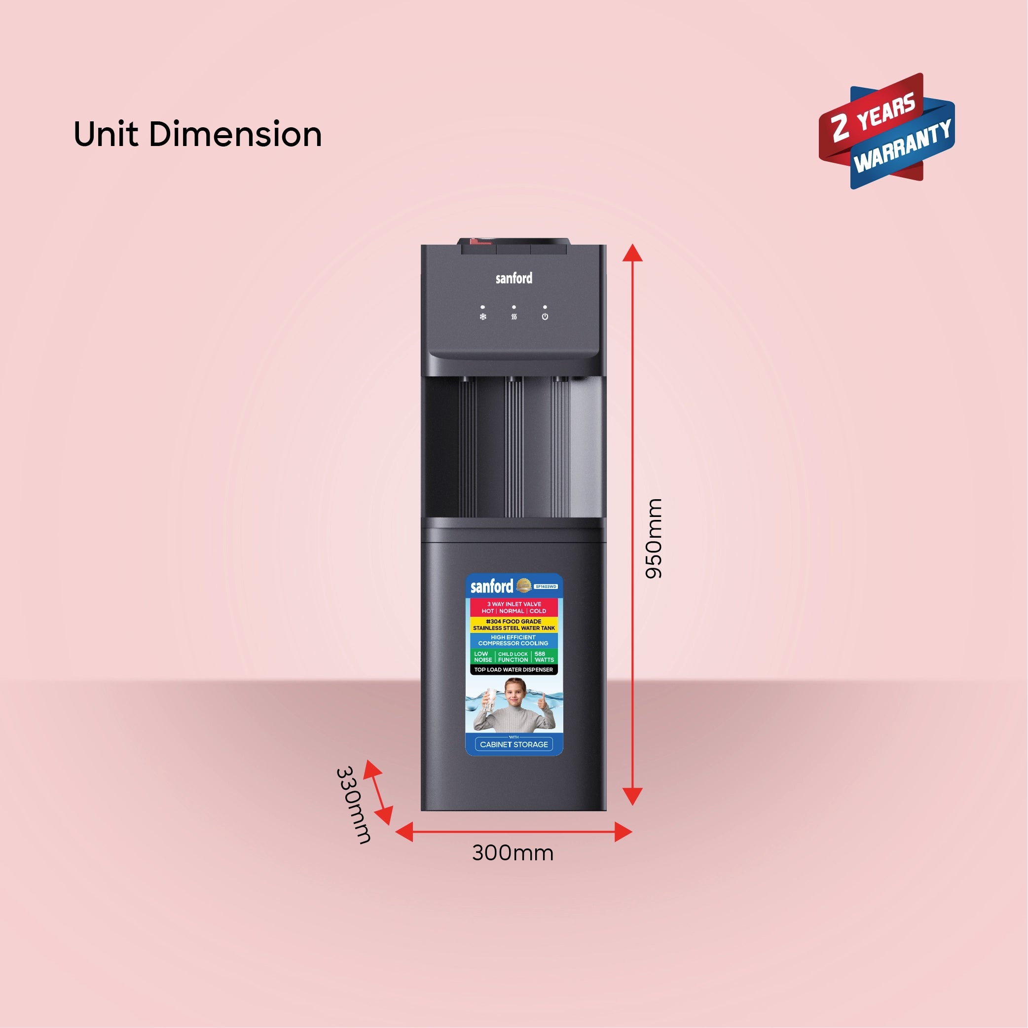 Top load water dispenser with 3 taps hot normal cold cabinet storage sanford 6