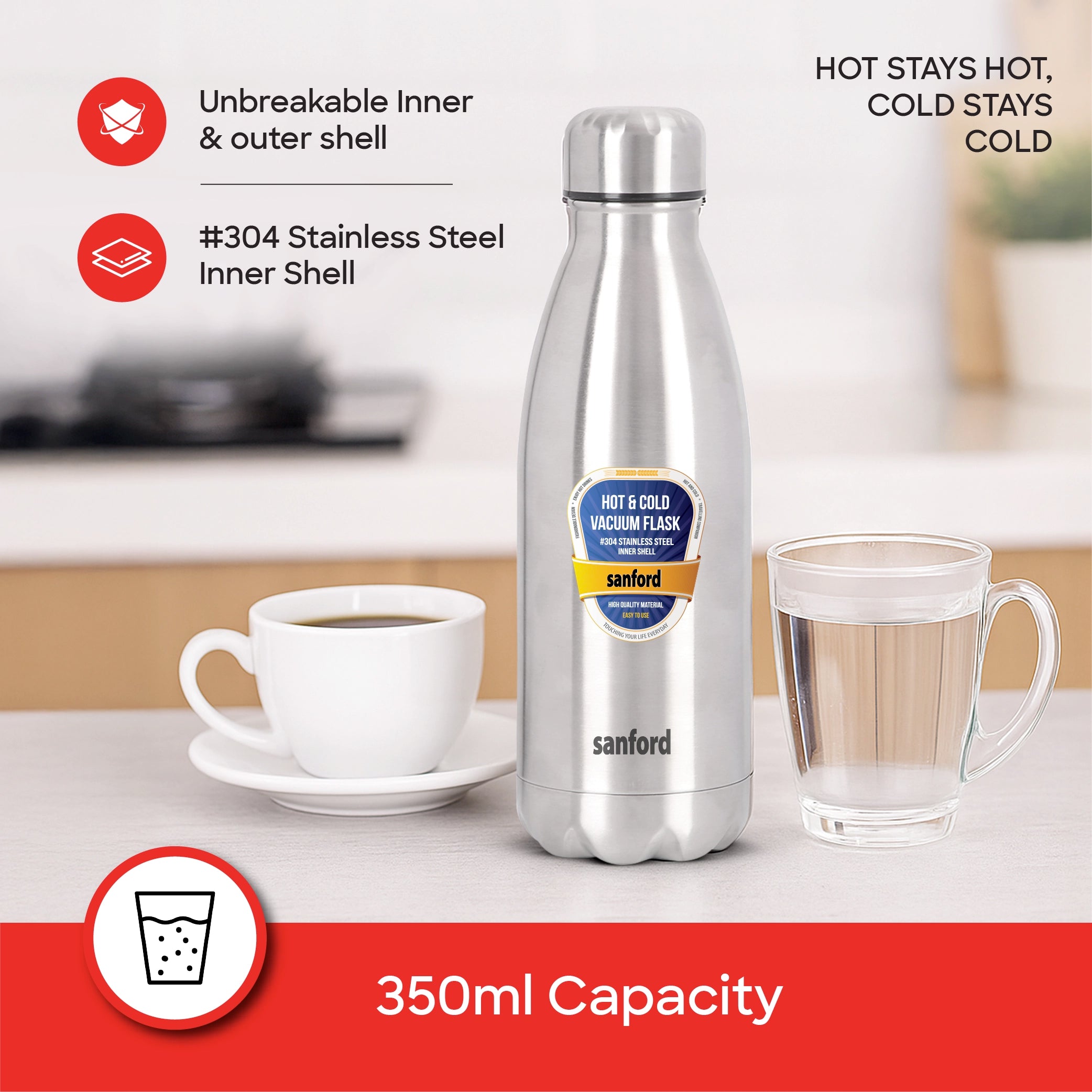 vacuum flask 350ml stainless steel hot & cold sanford 3