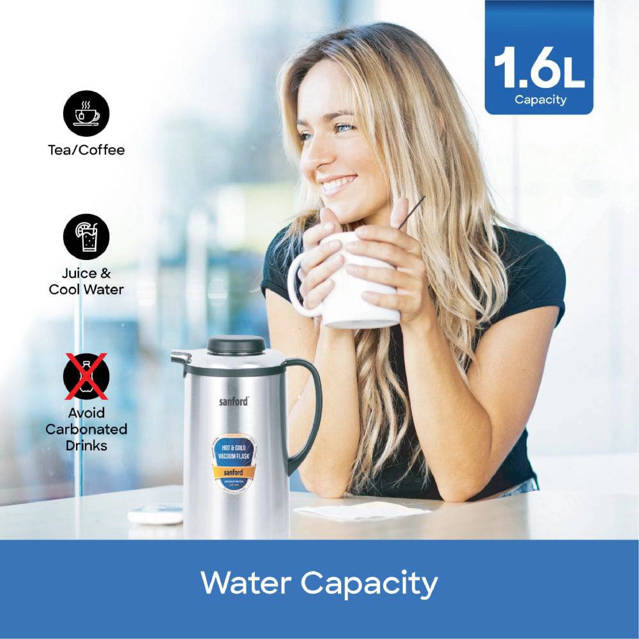 Stainless steel vacuum flask 1.6 litre hot & cold sanford 6