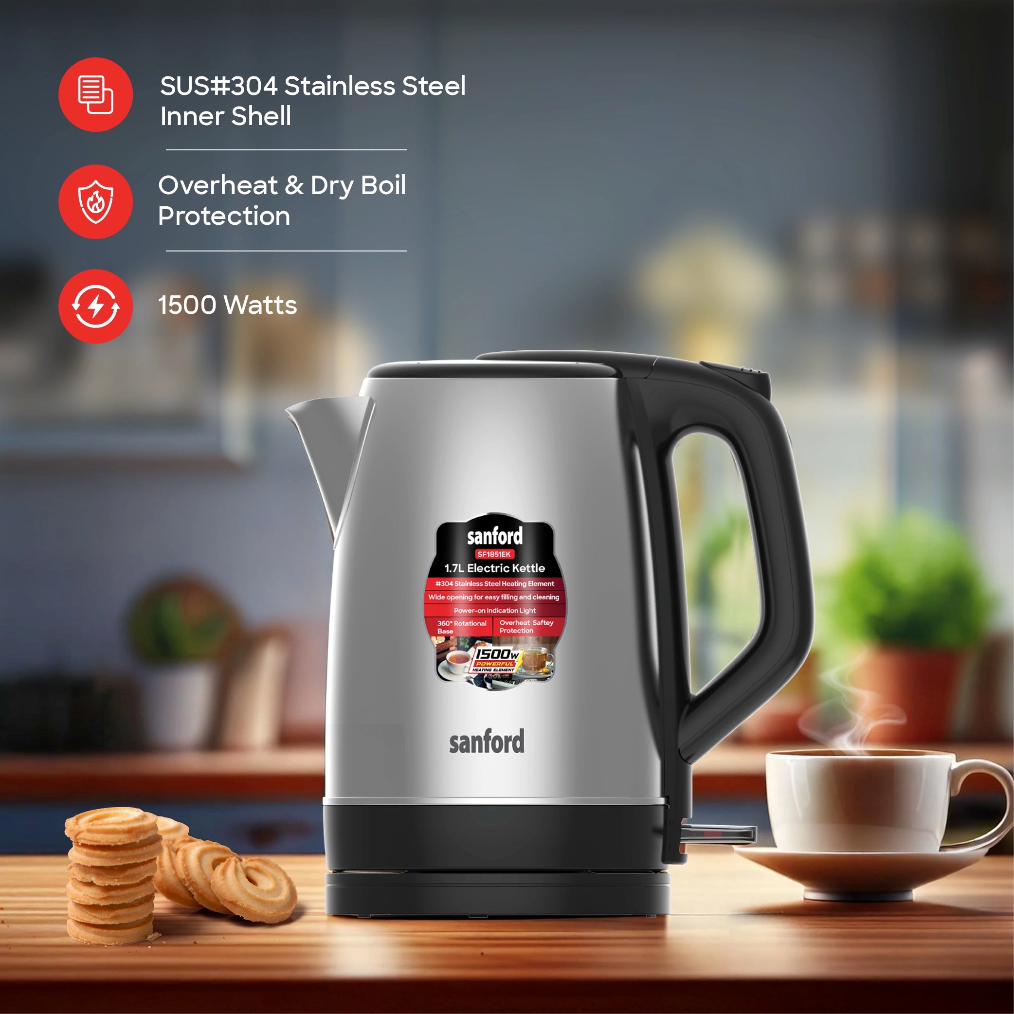 best electric kettle 1.7L 1500W power & stainless steel body sanford 3