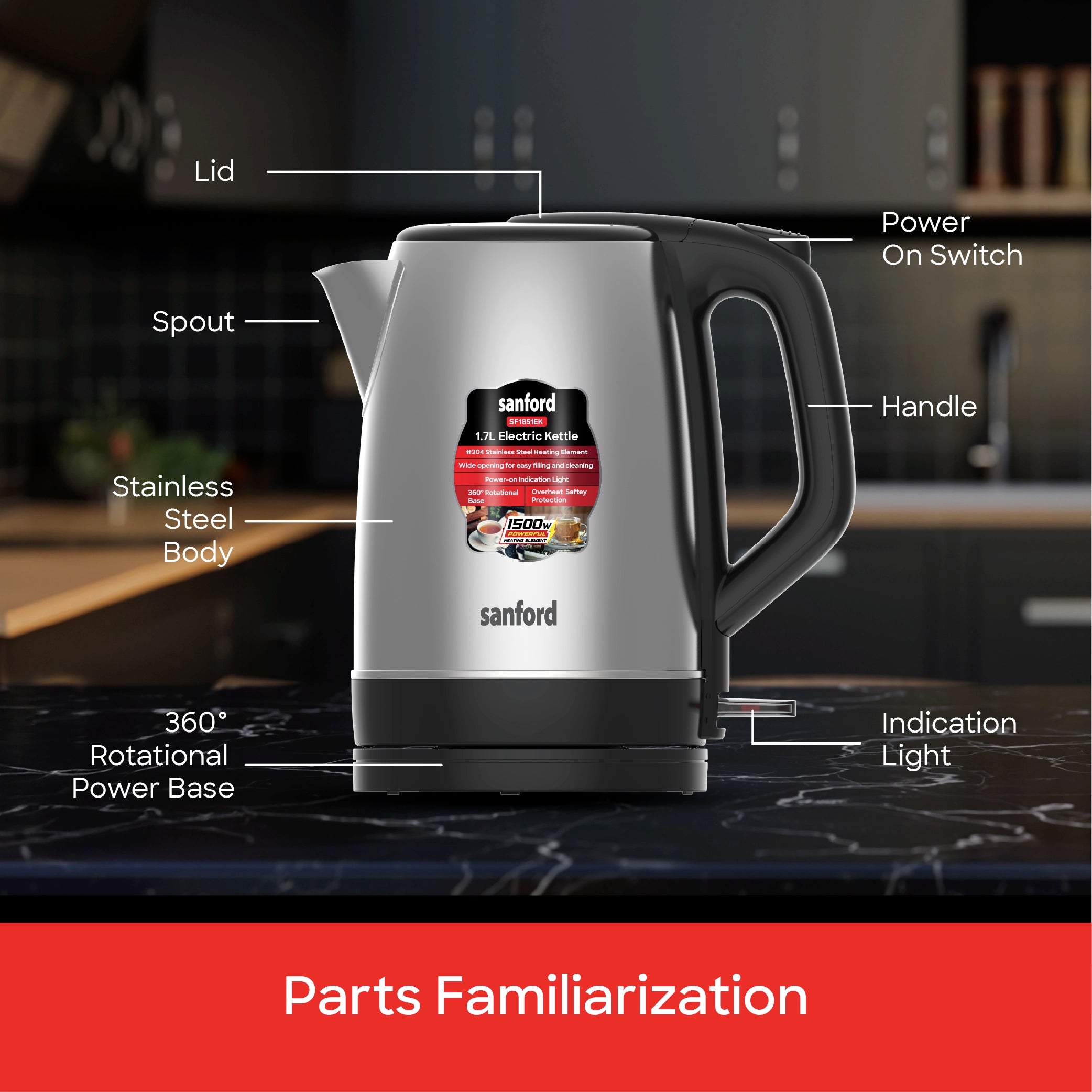 best electric kettle 1.7L 1500W power & stainless steel body sanford 6