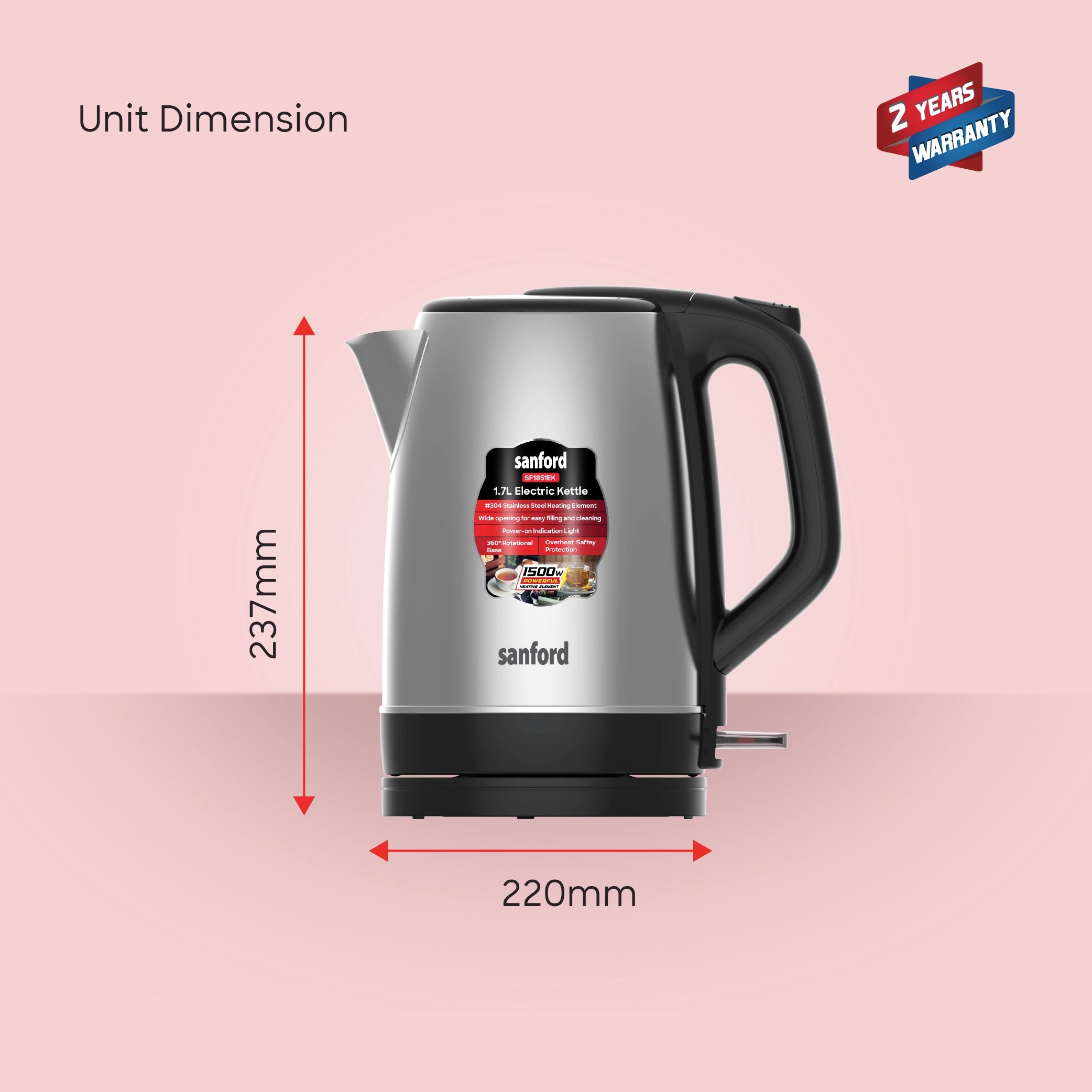 Sanford SF1851EK 1.7L Electric Kettle – unit dimensions and measurements