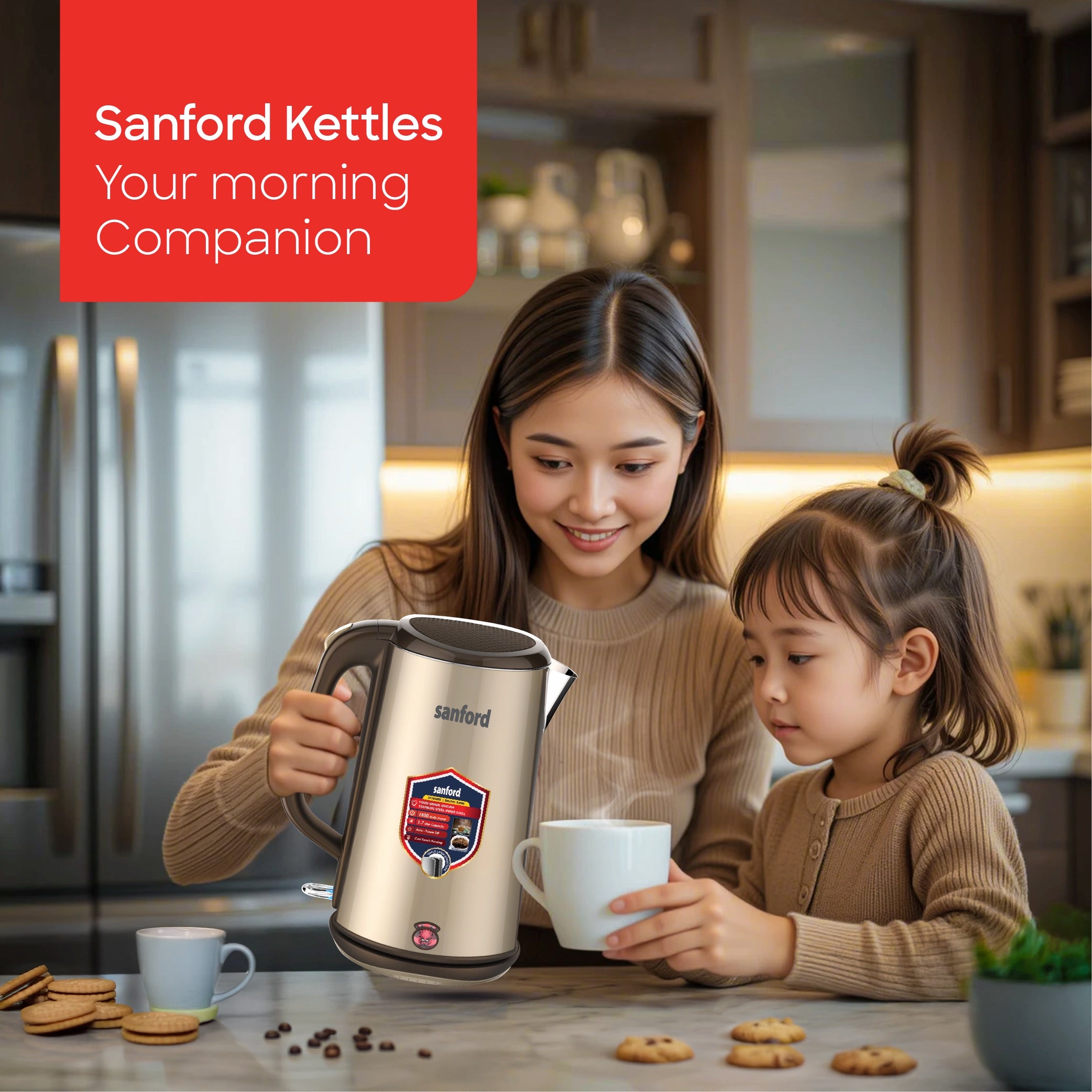 best electric kettle 1.7L 1800W power & Triple-Layer Cool-Touch Body sanford 2
