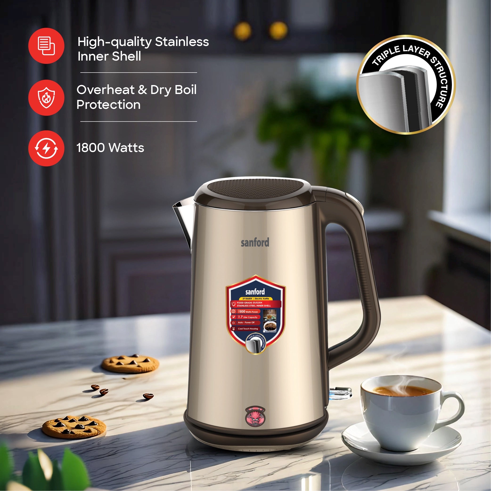 best electric kettle 1.7L 1800W power & Triple-Layer Cool-Touch Body sanford 3