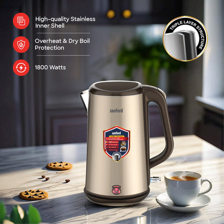 best electric kettle 1.7L 1800W power & Triple-Layer Cool-Touch Body sanford 3