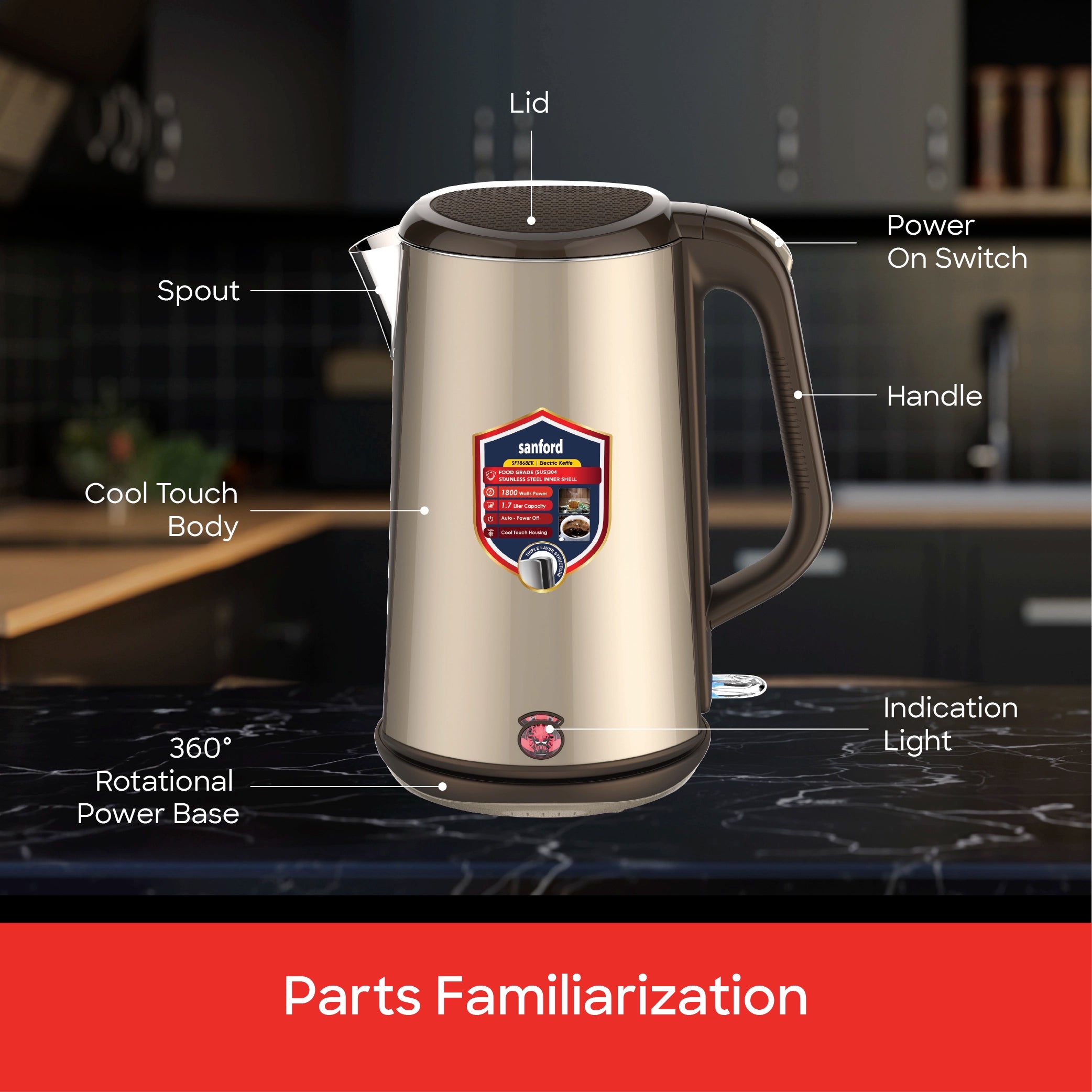 best electric kettle 1.7L 1800W power & Triple-Layer Cool-Touch Body sanford 6