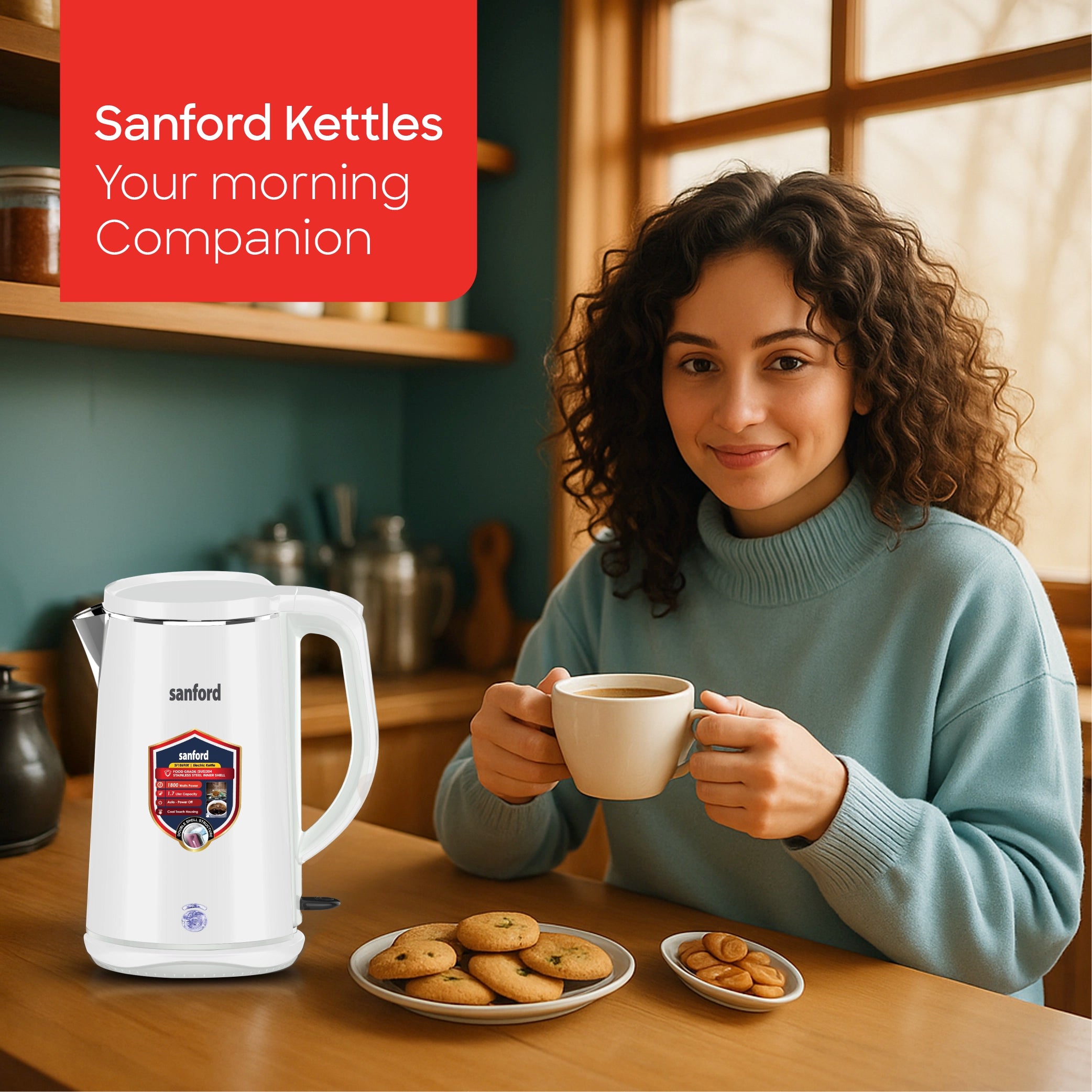best electric kettle 1.7L 1800W power & double shell Cool-Touch Body sanford 2