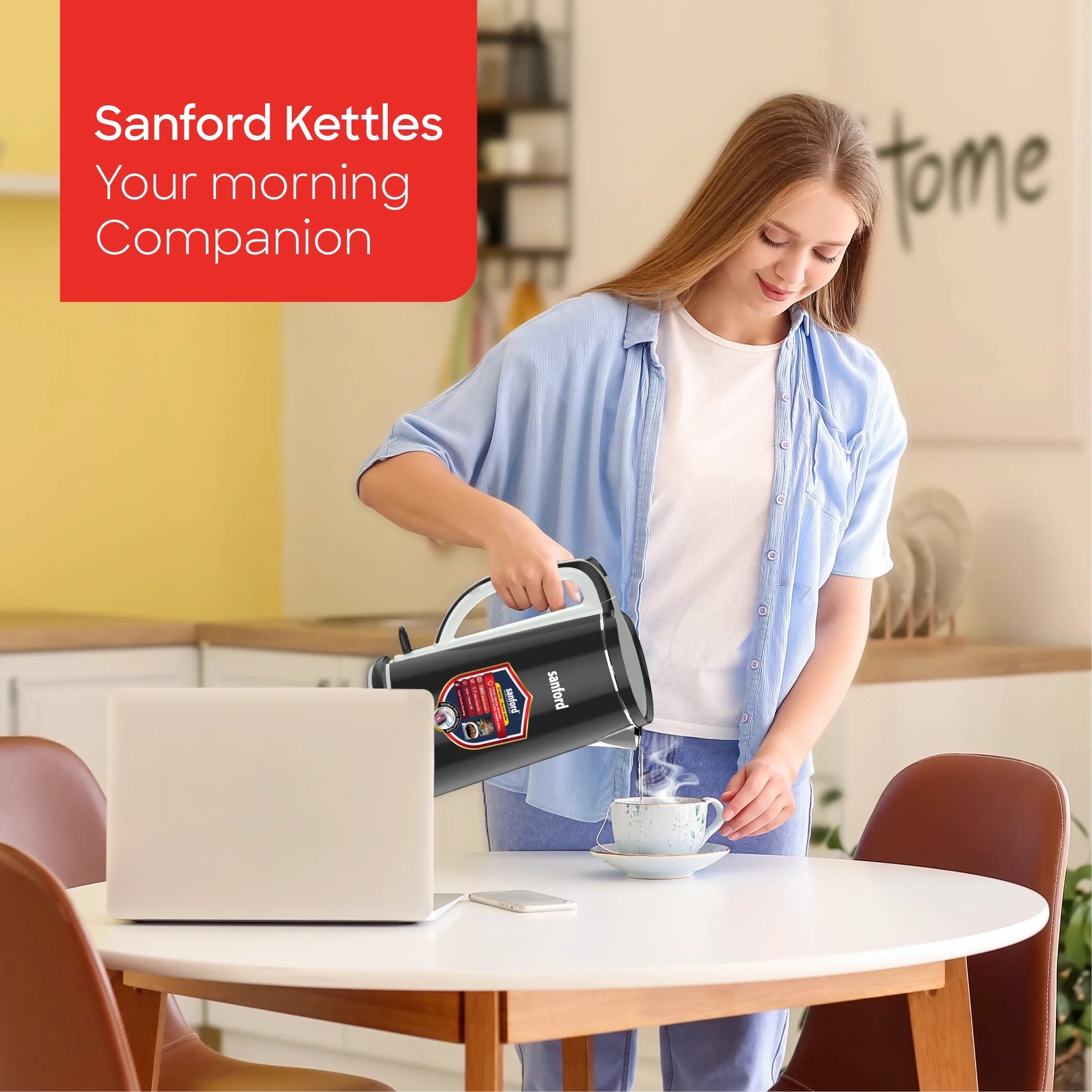 Sanford SF1869EK 1.7L Electric Kettle – lifestyle shot, woman with coffee cup