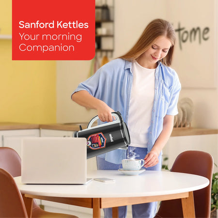 Sanford SF1869EK 1.7L Electric Kettle – lifestyle shot, woman with coffee cup
