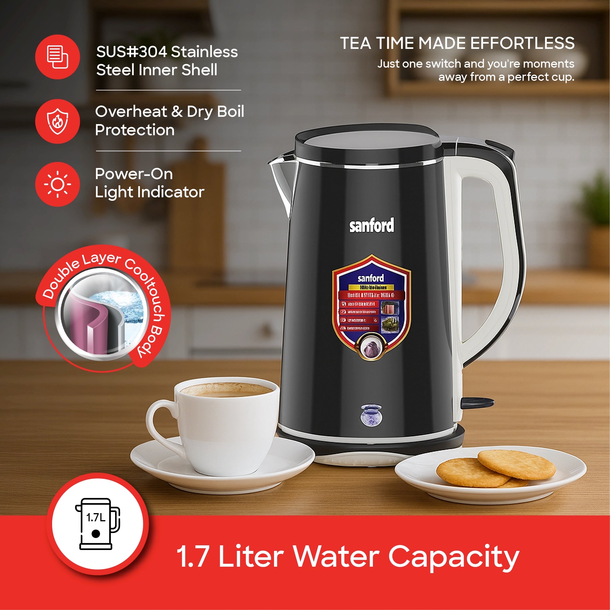 best electric kettle 1.7L 1800W power & double shell Cool-Touch Body sanford 3