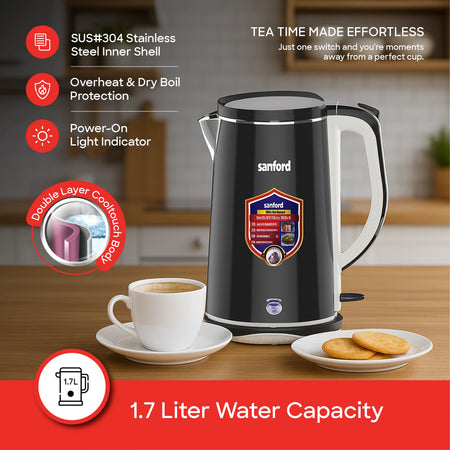 best electric kettle 1.7L 1800W power & double shell Cool-Touch Body sanford 3