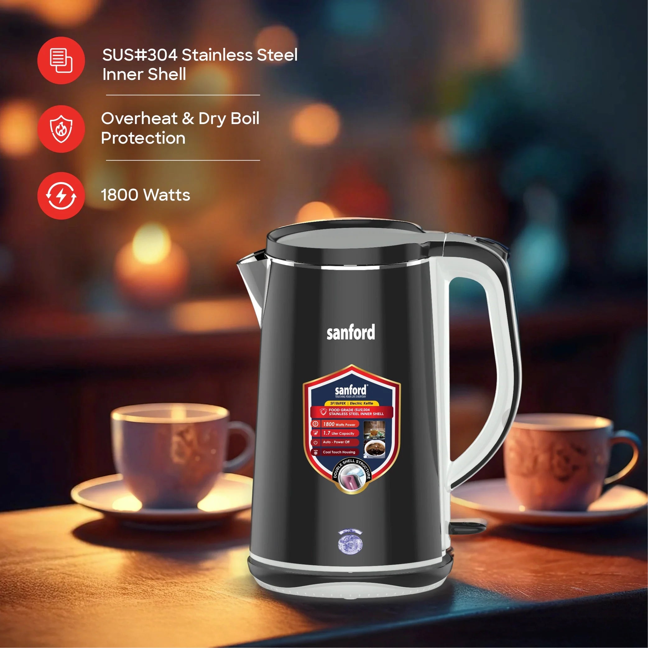 Sanford SF1869EK 1.7L Electric Kettle – overheat & dry-boil protection feature callout
