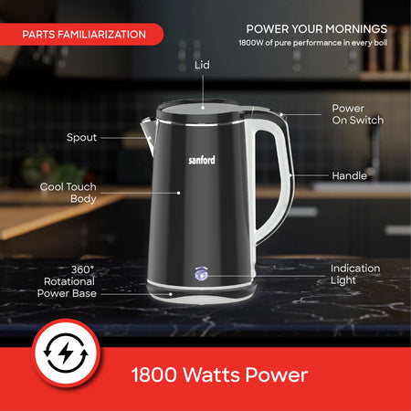 best electric kettle 1.7L 1800W power & double shell Cool-Touch Body sanford 4