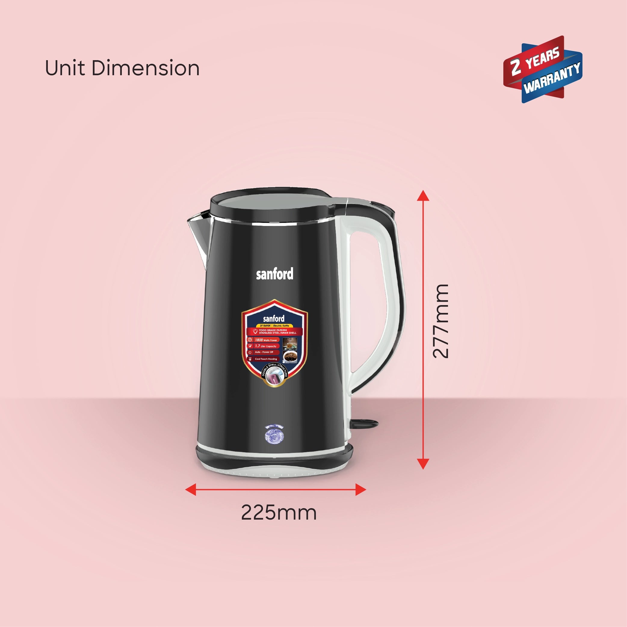 best electric kettle 1.7L 1800W power & double shell Cool-Touch Body sanford 6