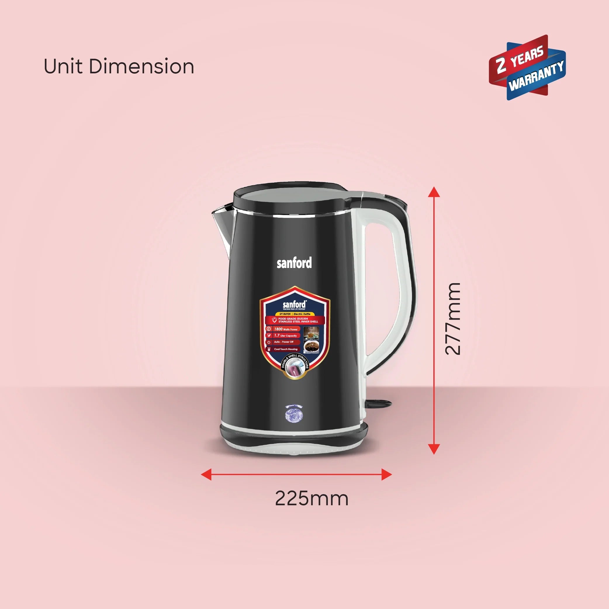 Sanford SF1869EK 1.7L Electric Kettle – unit dimensions and measurements