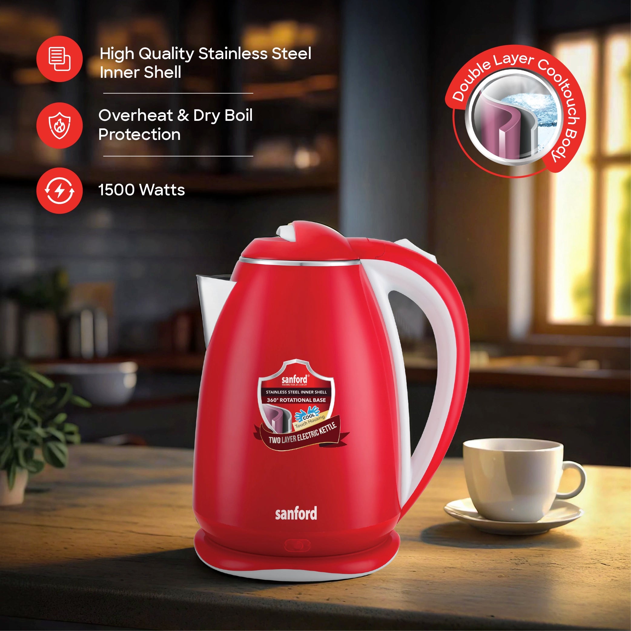 best electric kettle 1.8L 1500W Power and Double-Layer Cool Touch Body sanford 3