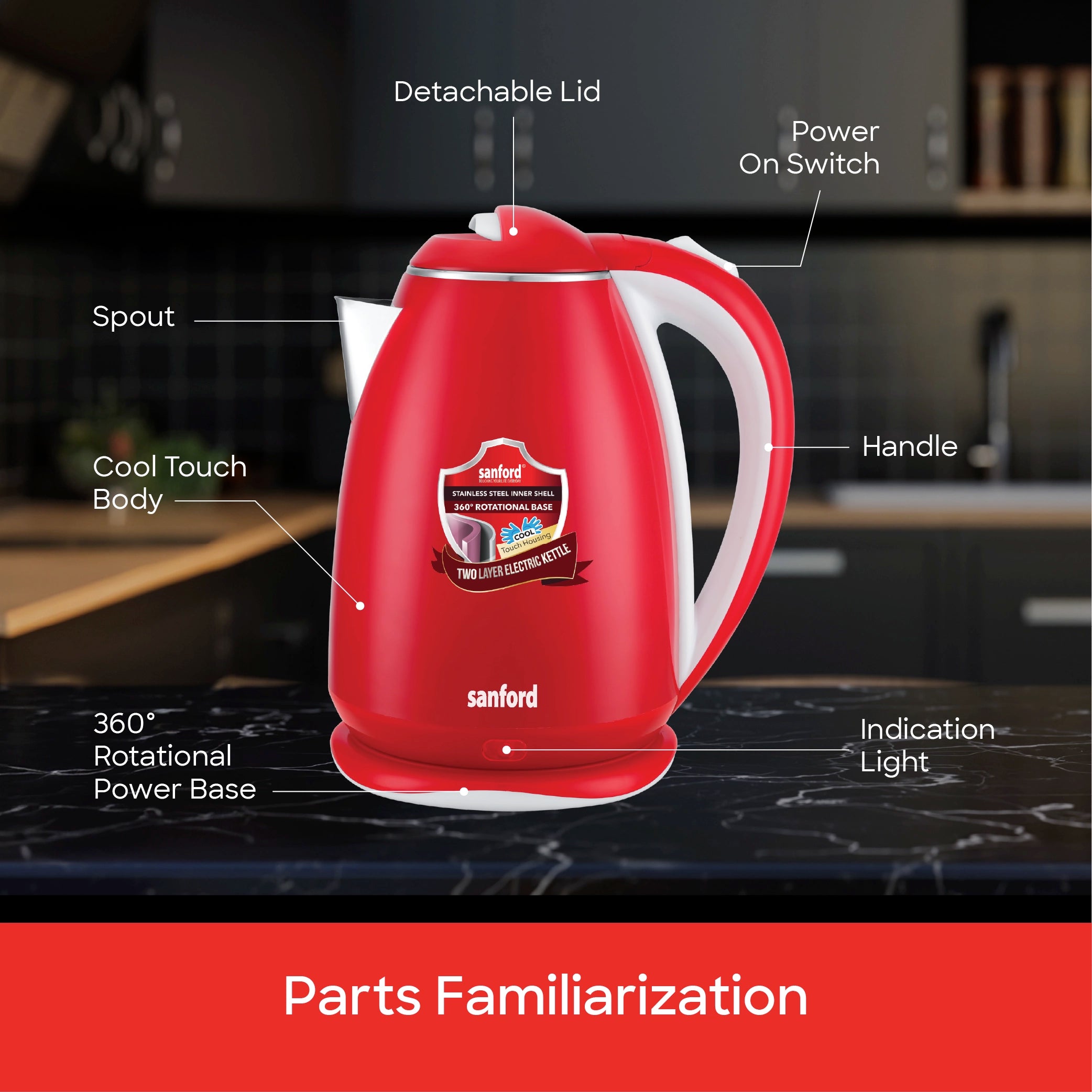 best electric kettle 1.8L 1500W Power and Double-Layer Cool Touch Body sanford 7